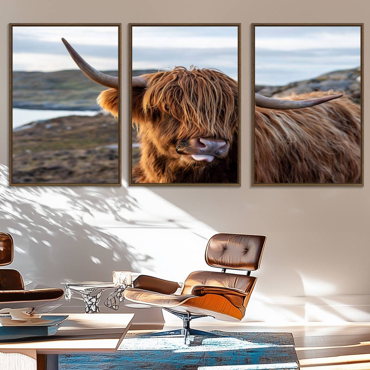71222-MGV-FC-60X30-3P_Walnut-Cuddly Highland Cow Canvas Photo Wall Art Print Highlands Art Cute Animal Wall Art