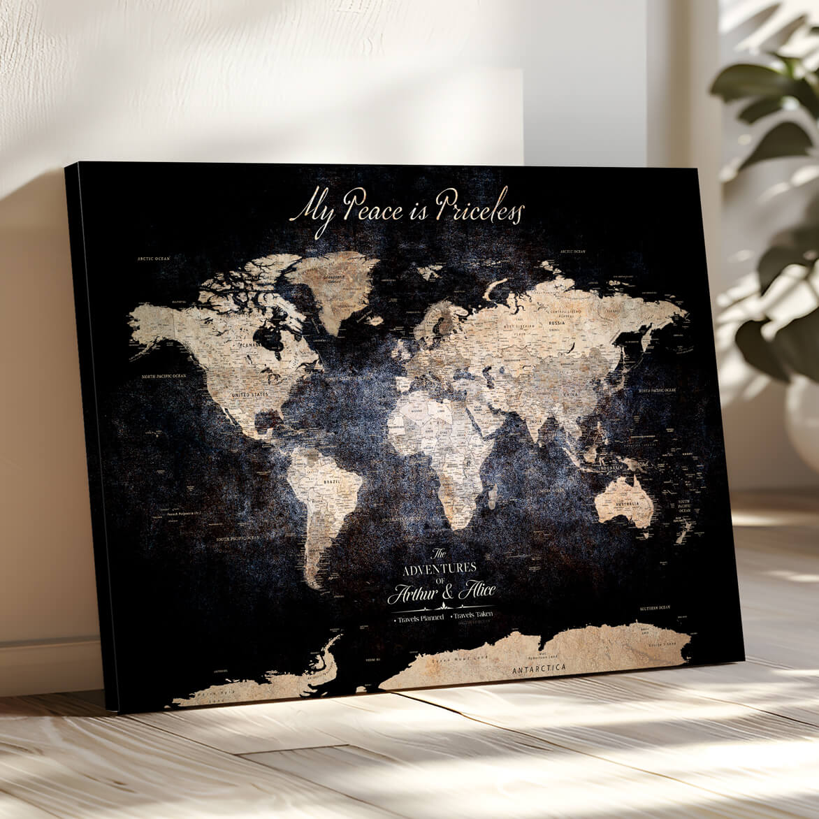 -Personalized Push Pin World Map Canvas Print Framed Custom Travel Tracker with 100 Pins Artwork for Home, Office