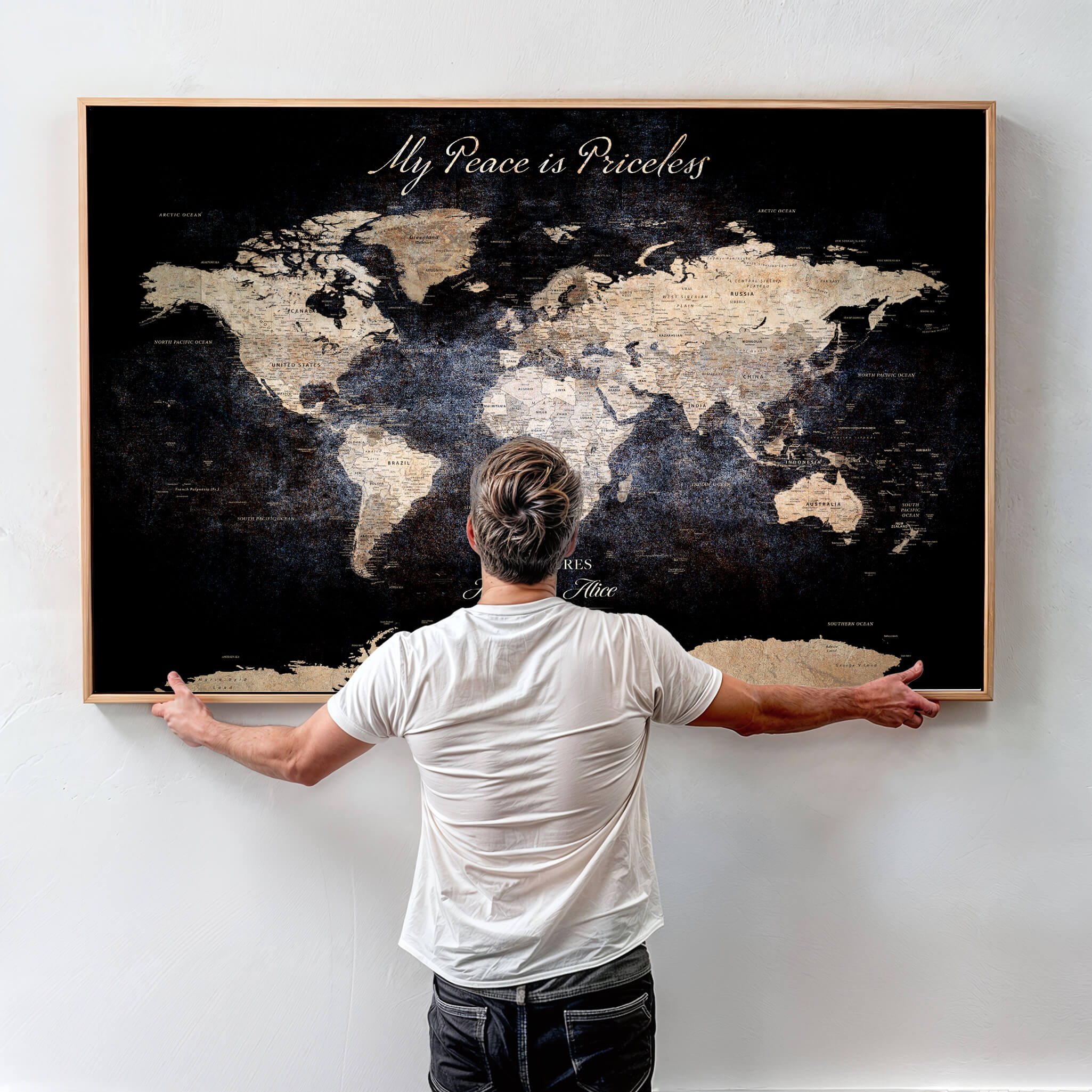 -Personalized Push Pin World Map Canvas Print Framed Custom Travel Tracker with 100 Pins Artwork for Home, Office