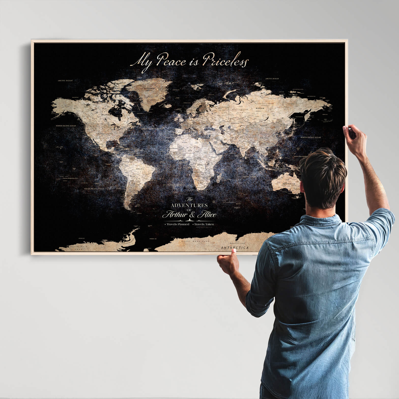 -Personalized Push Pin World Map Canvas Print Framed Custom Travel Tracker with 100 Pins Artwork for Home, Office