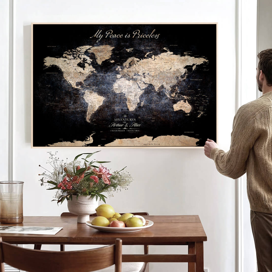 -Personalized Push Pin World Map Canvas Print Framed Custom Travel Tracker with 100 Pins Artwork for Home, Office