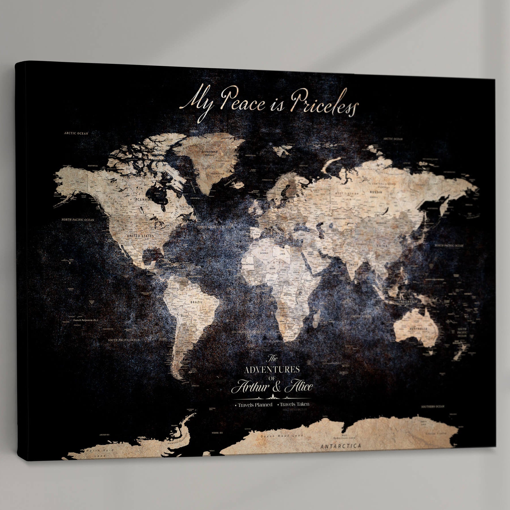 -Personalized Push Pin World Map Canvas Print Framed Custom Travel Tracker with 100 Pins Artwork for Home, Office