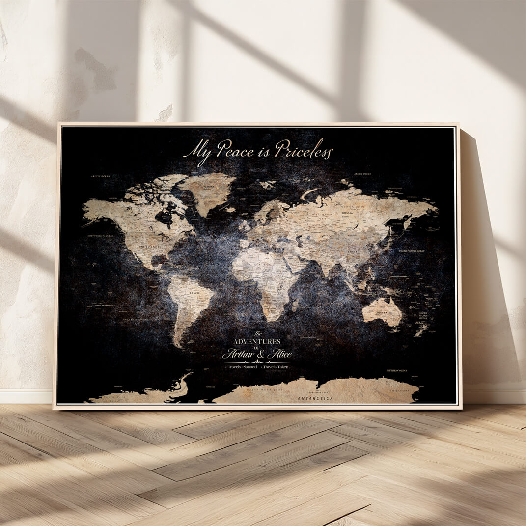 -Personalized Push Pin World Map Canvas Print Framed Custom Travel Tracker with 100 Pins Artwork for Home, Office