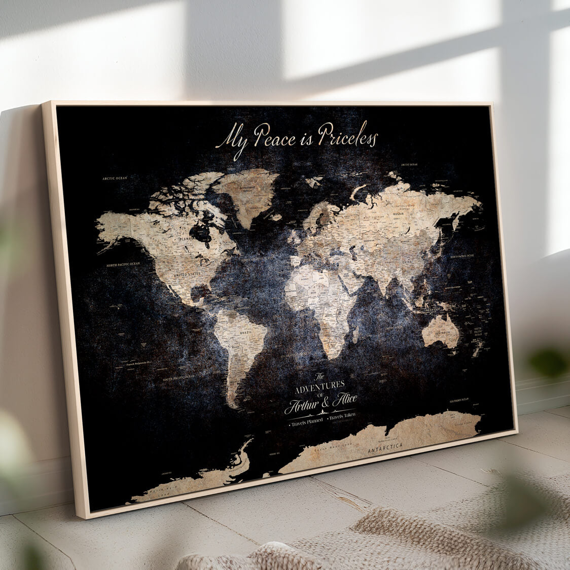 -Personalized Push Pin World Map Canvas Print Framed Custom Travel Tracker with 100 Pins Artwork for Home, Office
