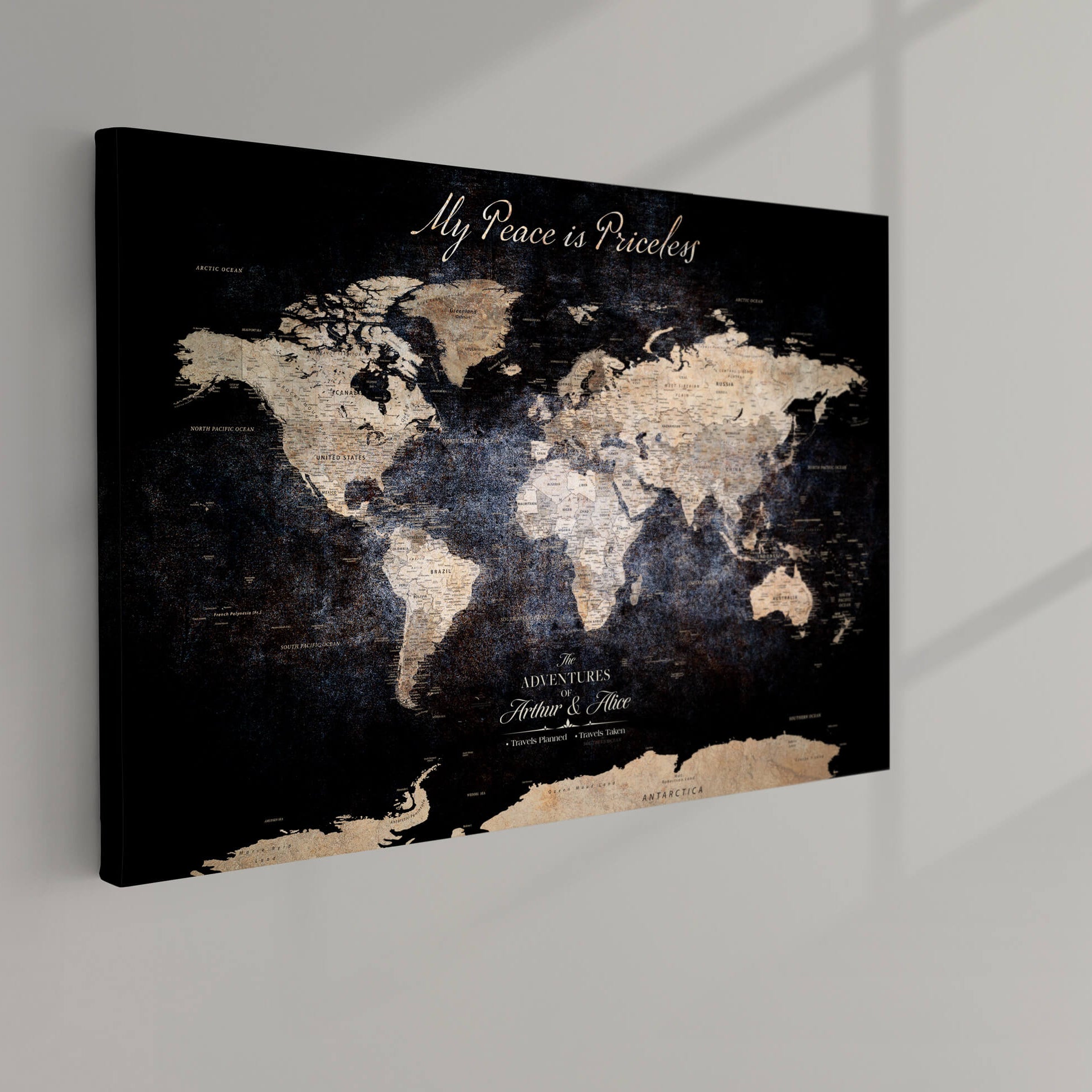 -Personalized Push Pin World Map Canvas Print Framed Custom Travel Tracker with 100 Pins Artwork for Home, Office