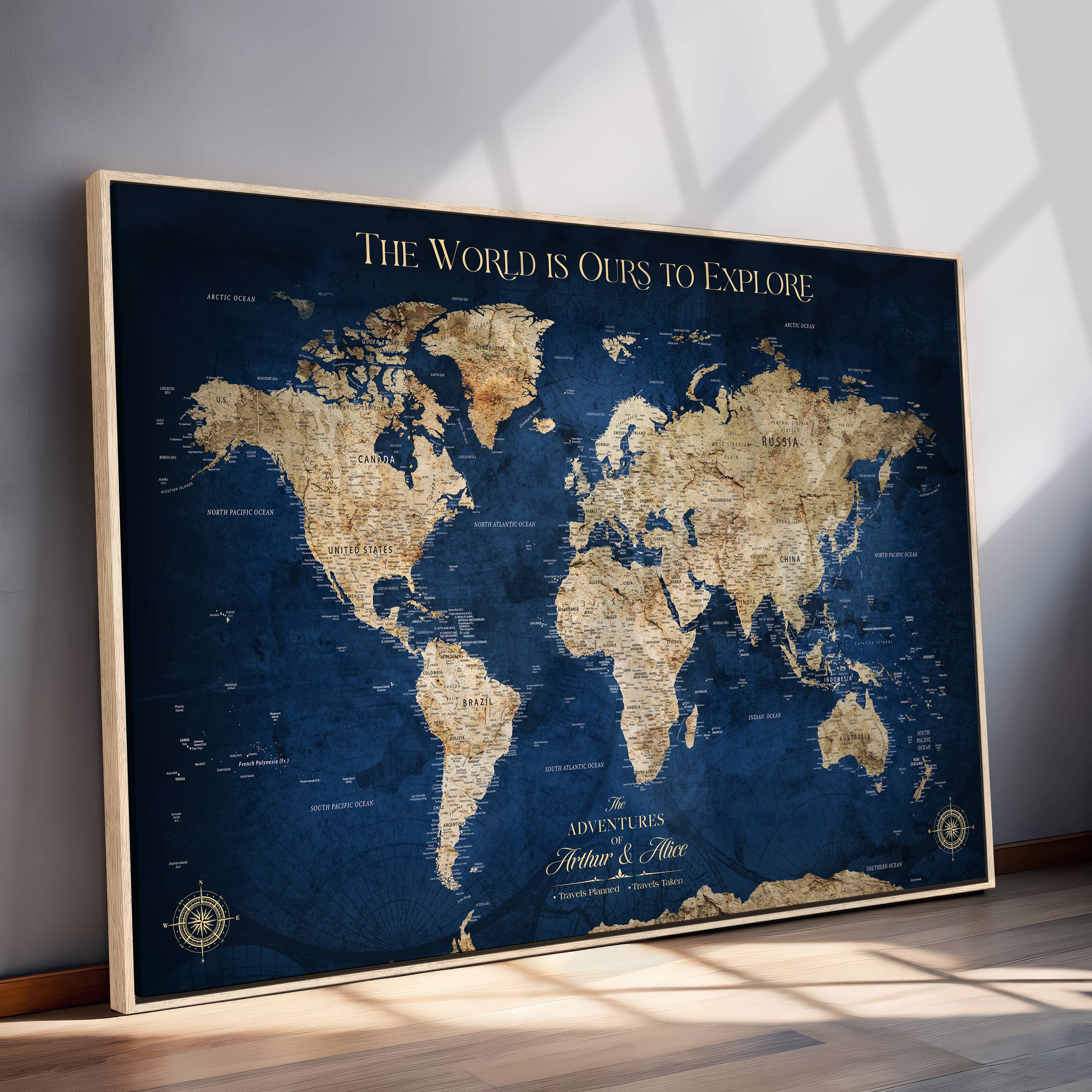 -Custom Push Pin World Map Personalized Travel Tracker Canvas Gift Framed Anniversary Decor for Home, Office