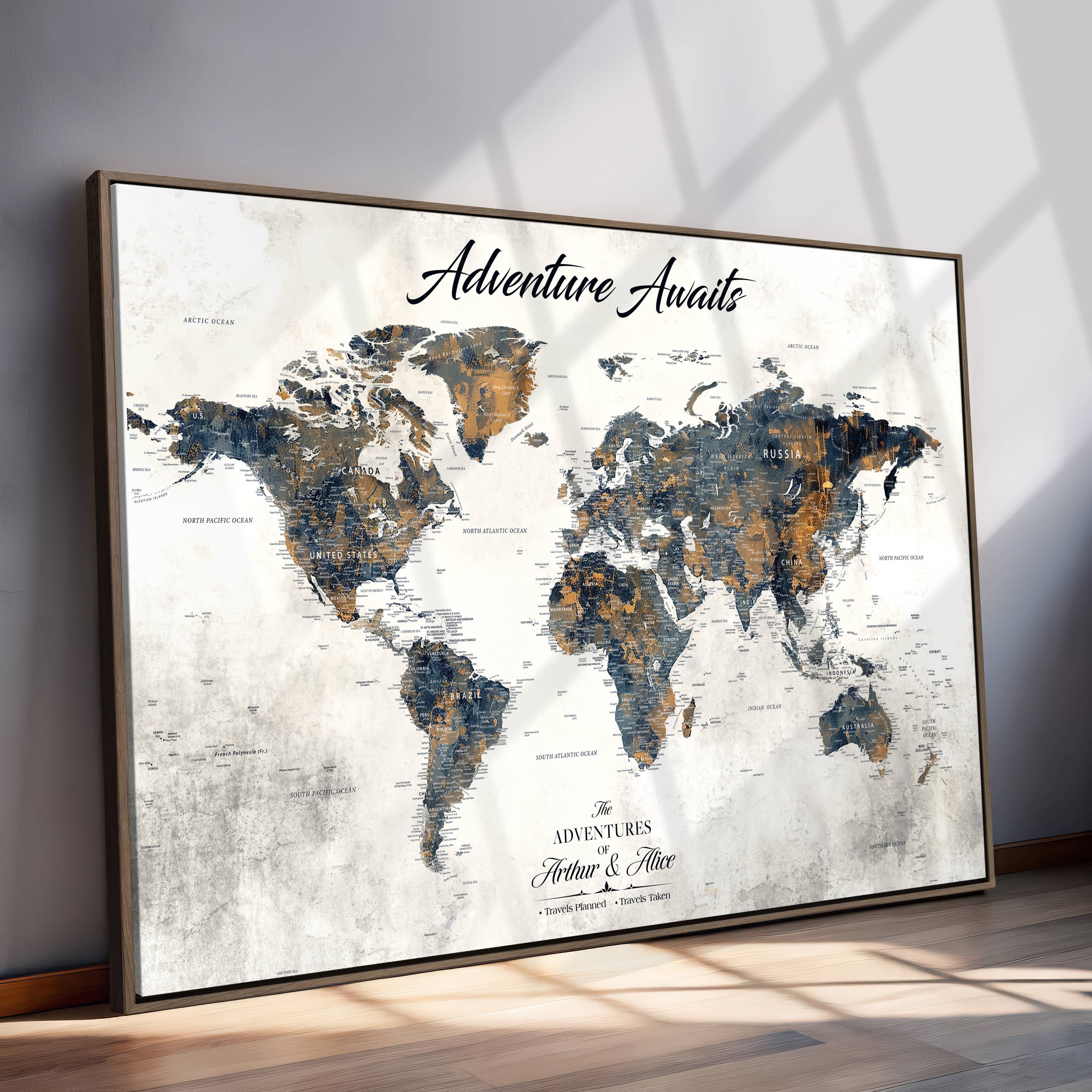-Personalized Push Pin World Map Canvas – Custom Framed Travel Tracker Wall Art, Large Adventure Map with Pins for Home, Office