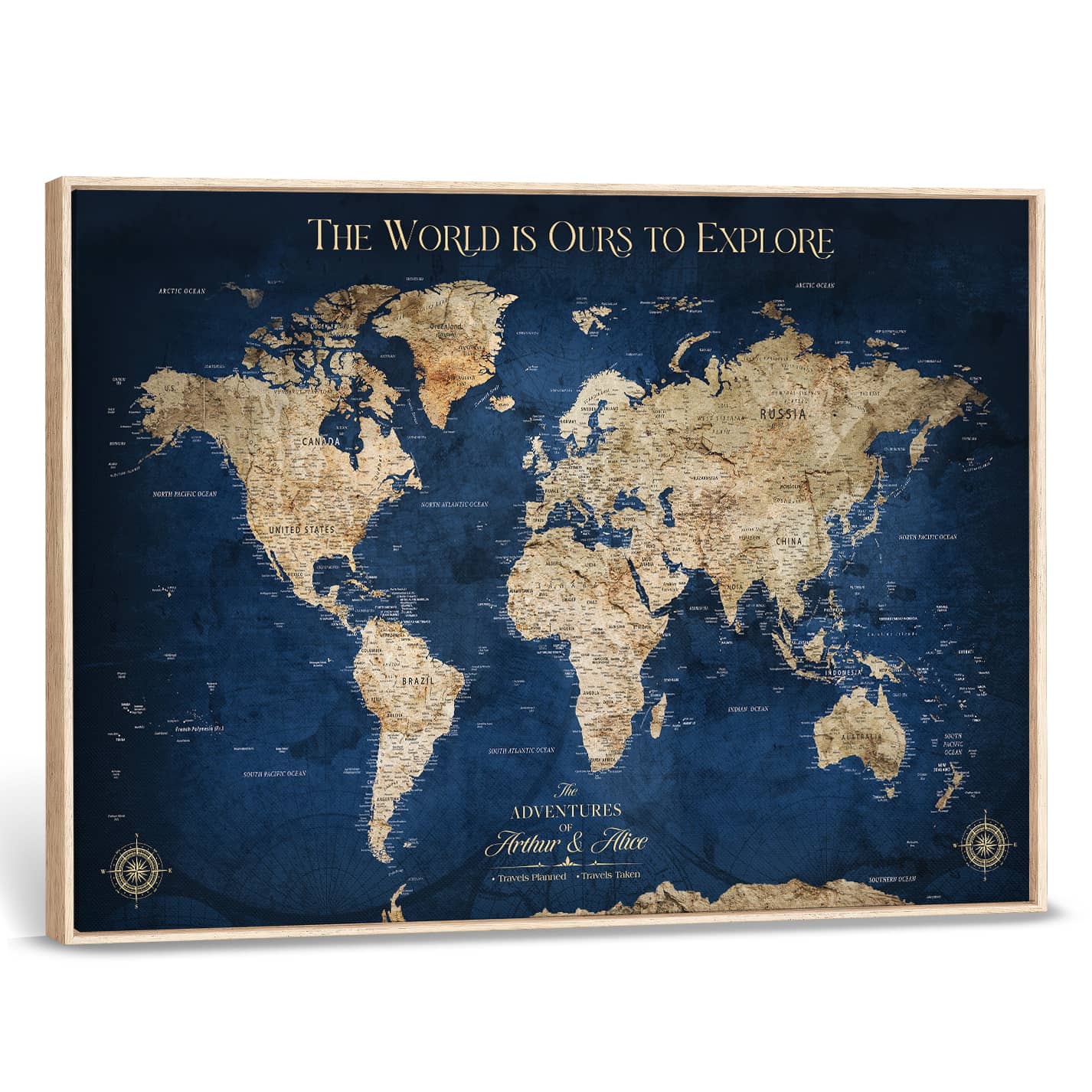 -Custom Push Pin World Map Personalized Travel Tracker Canvas Gift Framed Anniversary Decor for Home, Office
