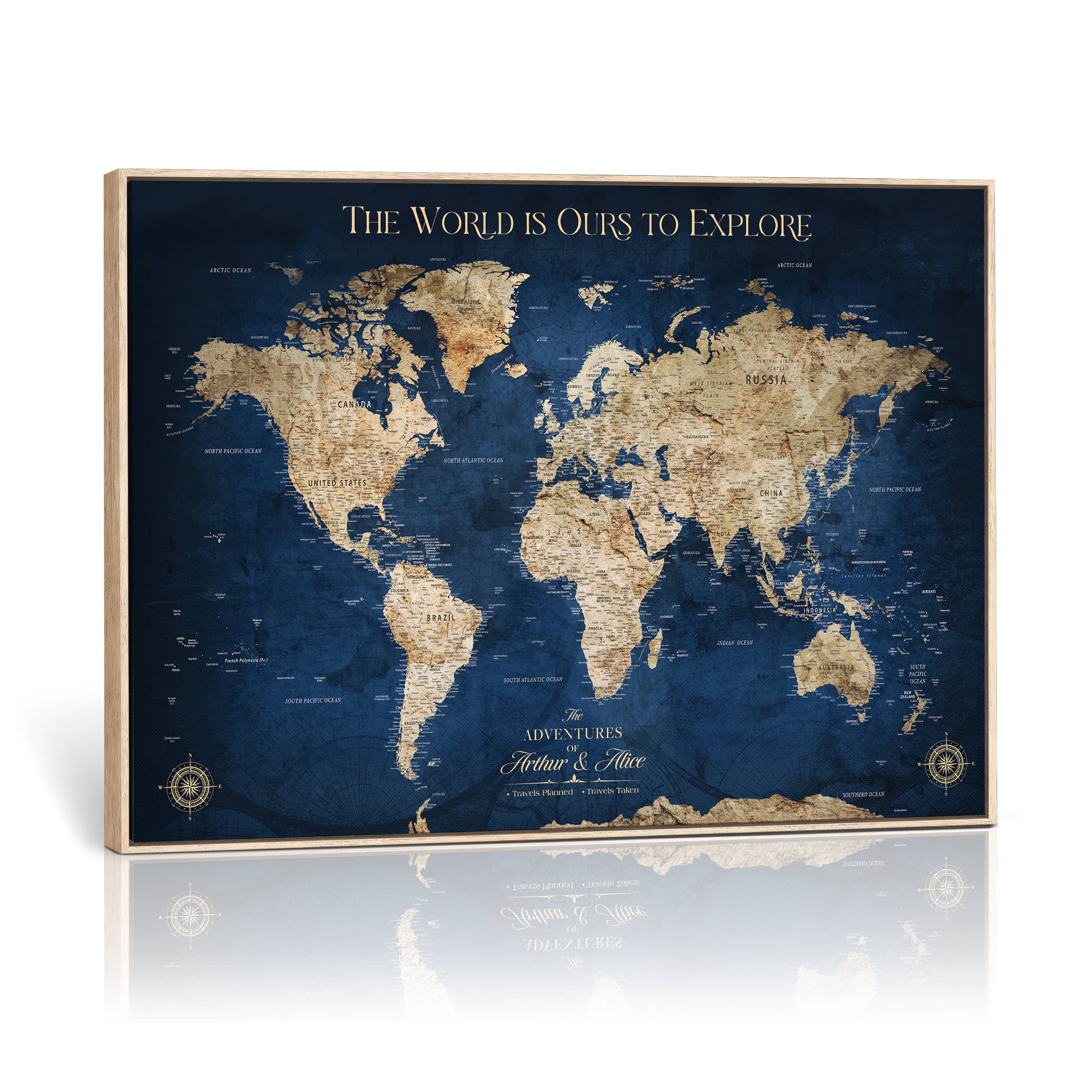 Rehber01-MGV-CV-36X24-Custom Push Pin World Map Personalized Travel Tracker Canvas Gift Framed Anniversary Decor for Home, Office