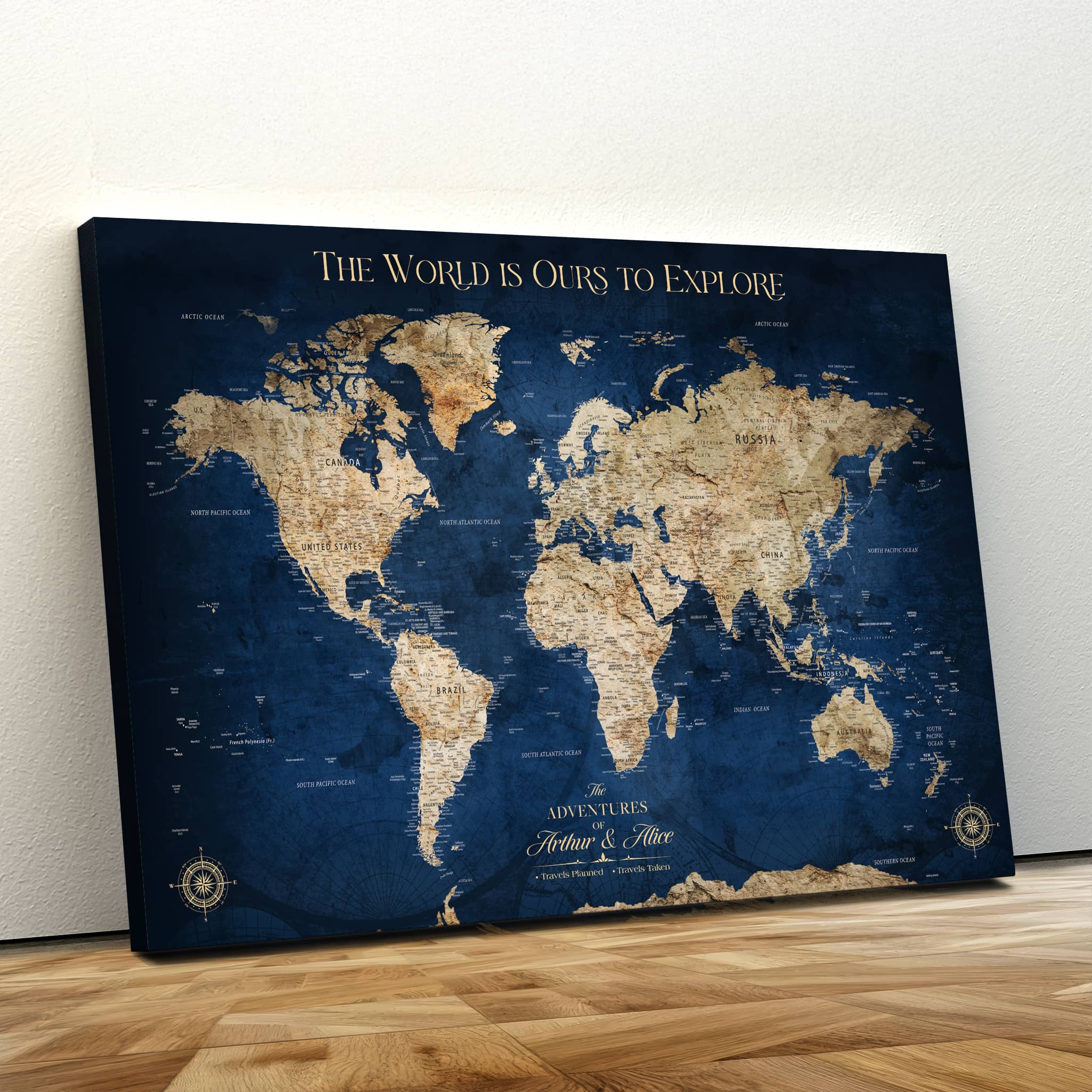 -Personalized Push Pin World Map Canvas Print – Custom Travel Tracker Wall Art, Framed Adventure Map Gift for Couples