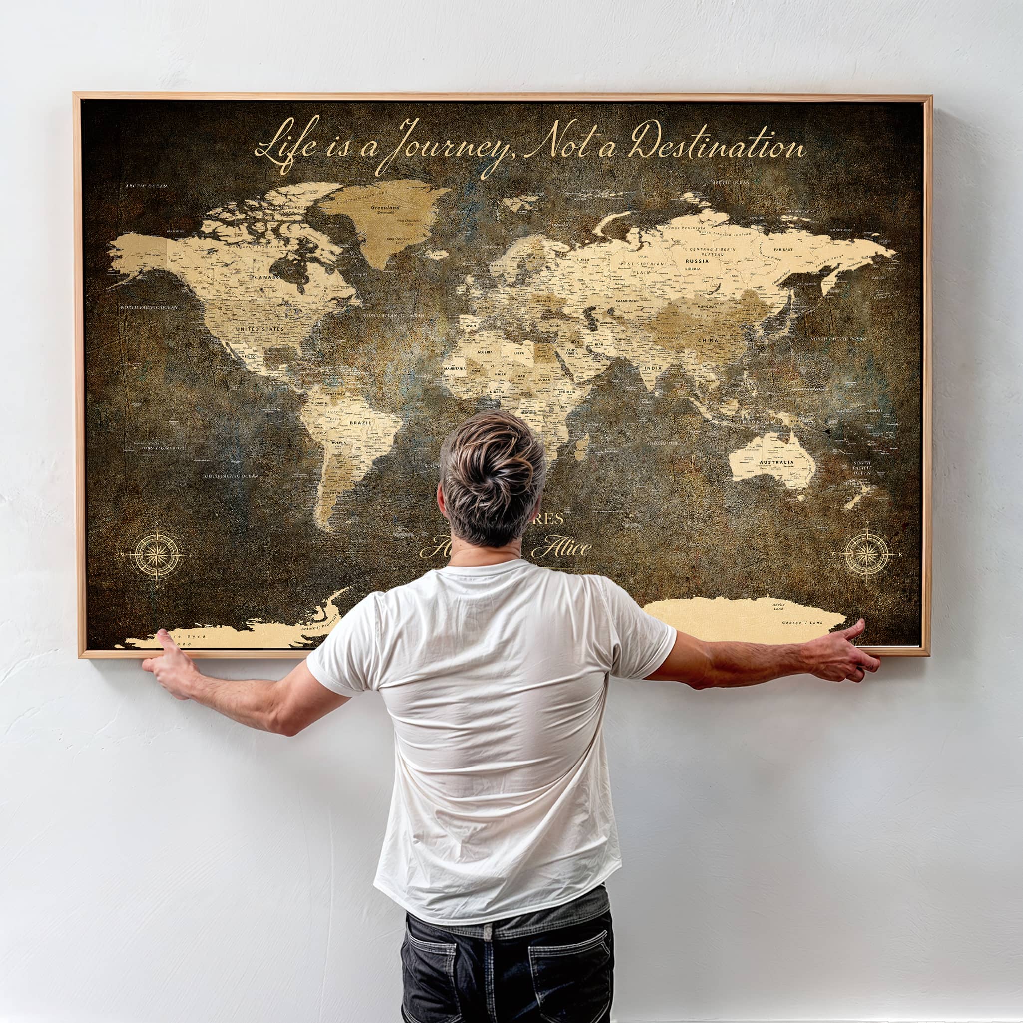-Personalized Push Pin World Map Canvas – Custom Framed Travel Tracker Wall Art, Large Adventure Map with Pins for Home, Office