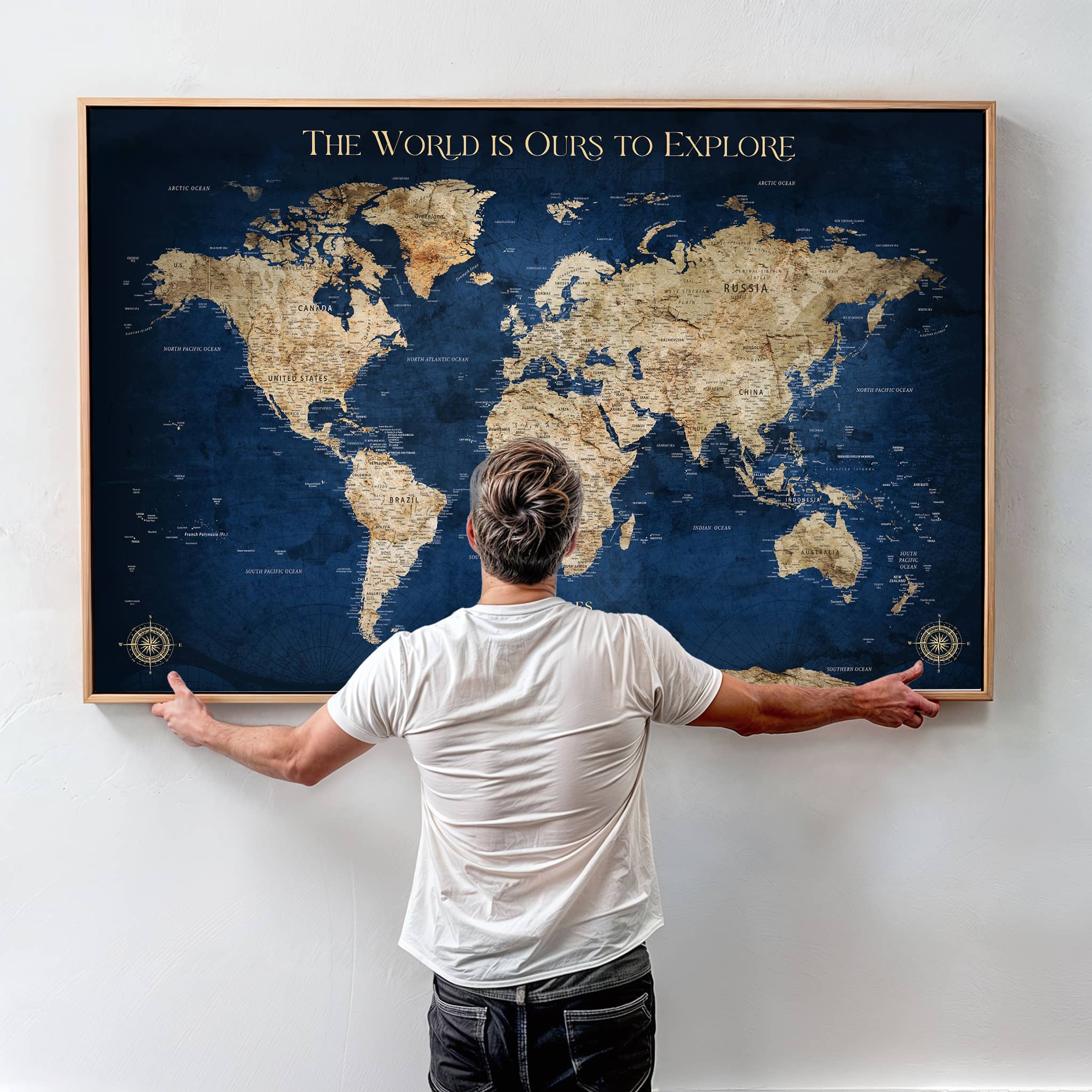 -Custom Push Pin World Map Personalized Travel Tracker Canvas Gift Framed Anniversary Decor for Home, Office