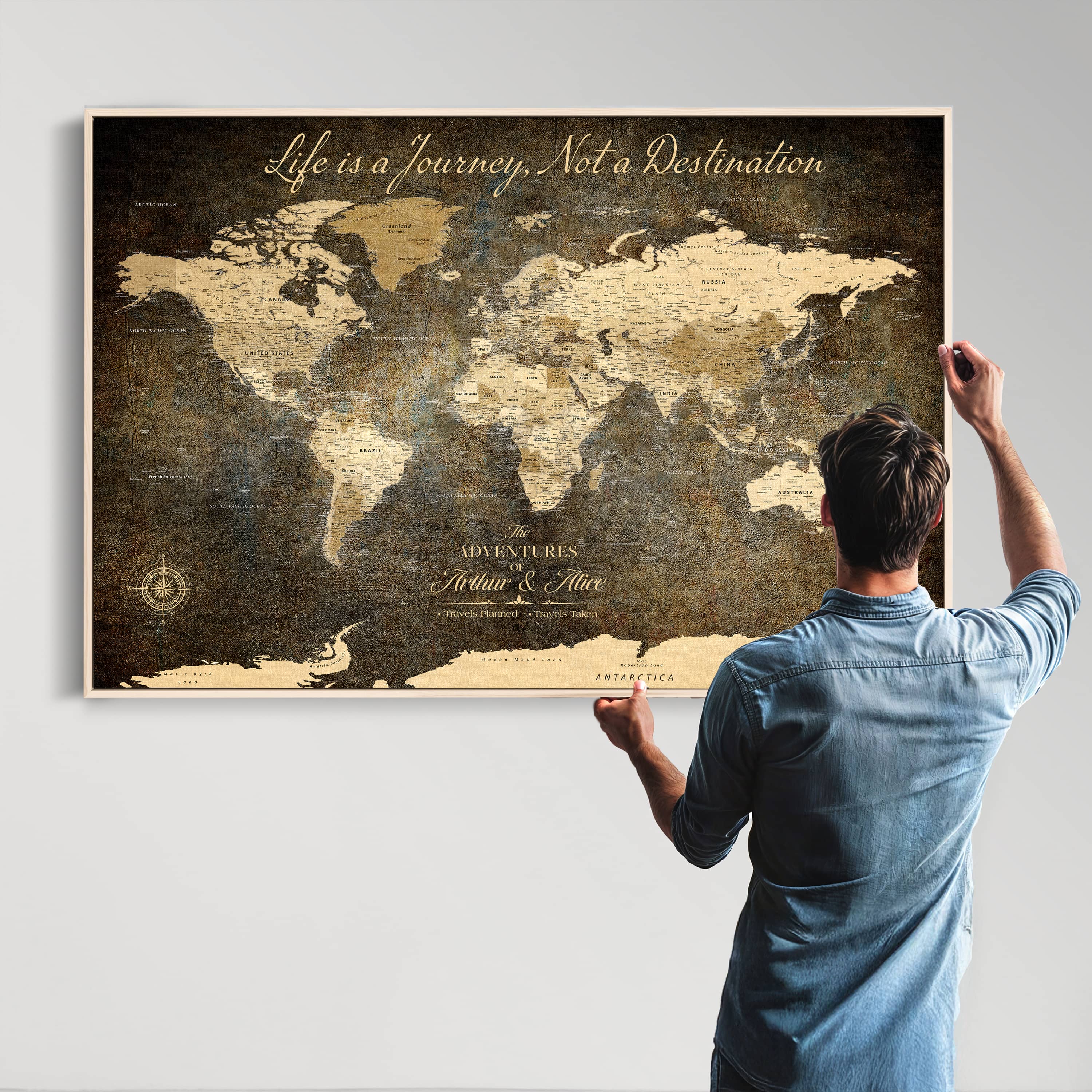 -Personalized Push Pin World Map Canvas – Custom Framed Travel Tracker Wall Art, Large Adventure Map with Pins for Home, Office