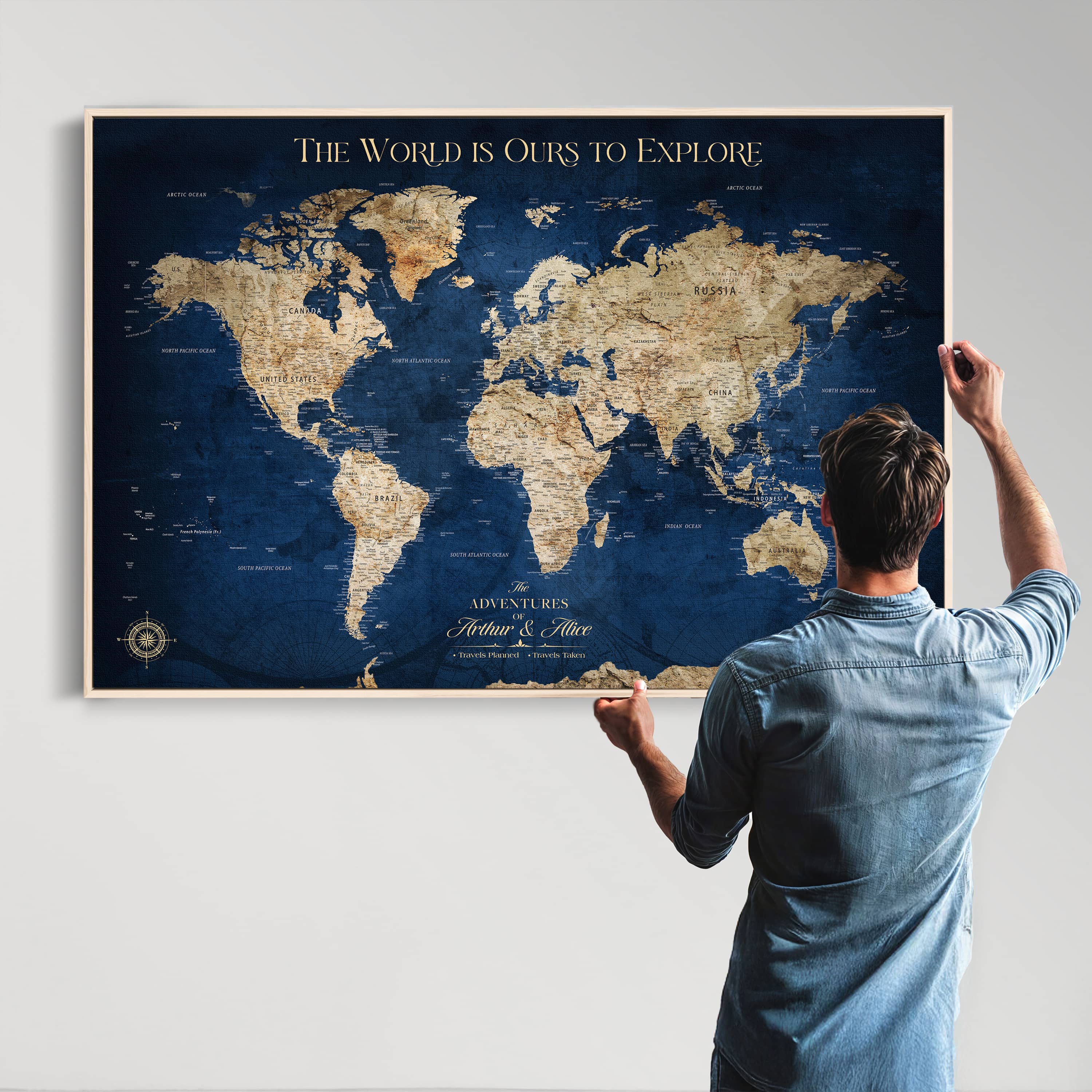 -Custom Push Pin World Map Personalized Travel Tracker Canvas Gift Framed Anniversary Decor for Home, Office