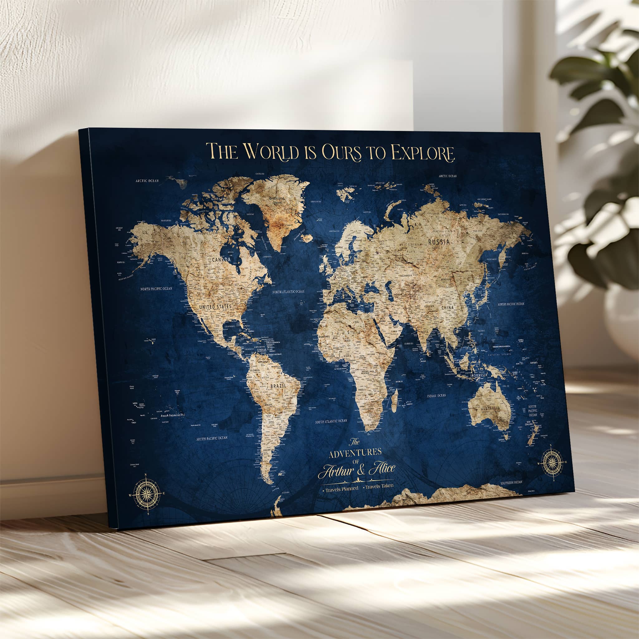 -Custom Push Pin World Map Personalized Travel Tracker Canvas Gift Framed Anniversary Decor for Home, Office