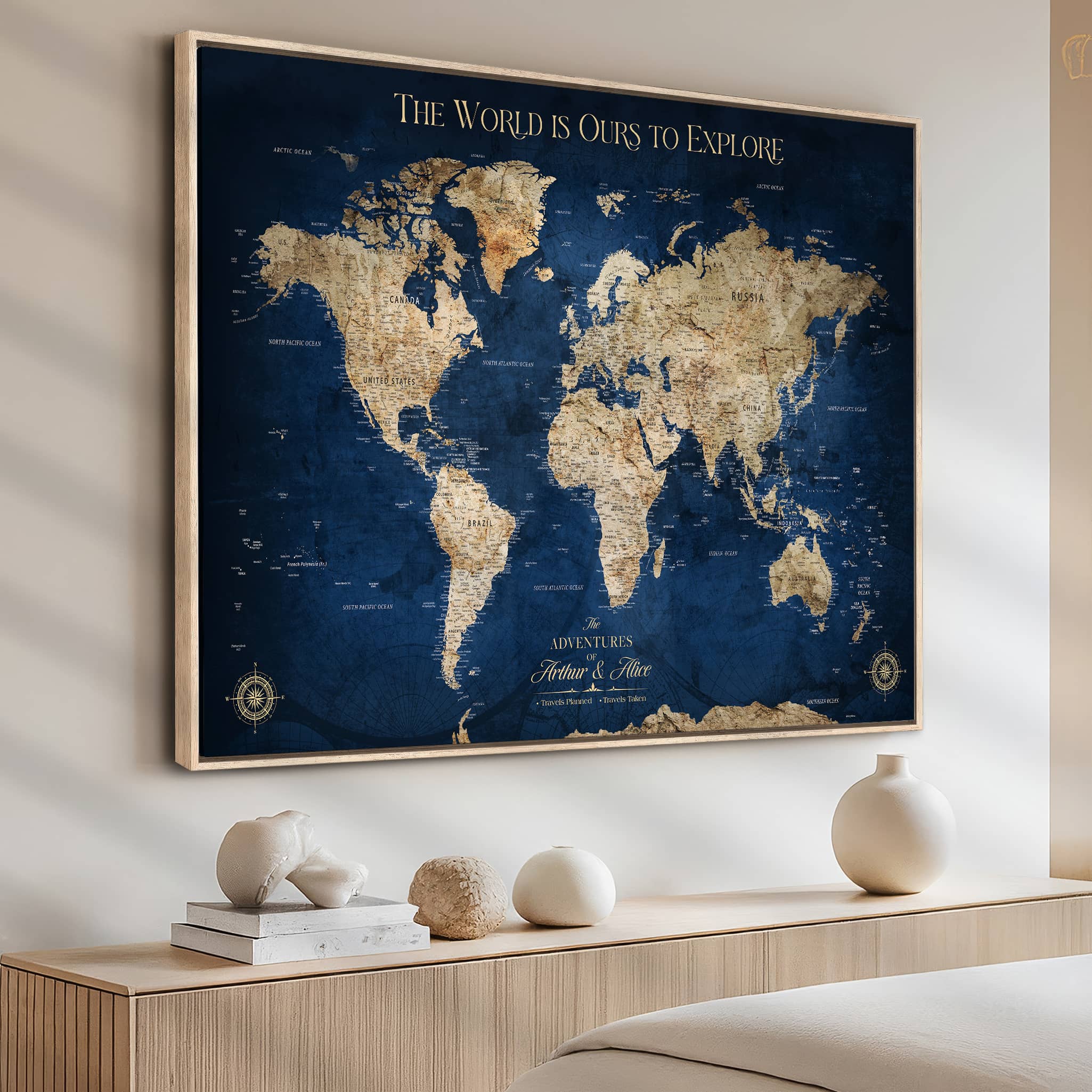 -Custom Push Pin World Map Personalized Travel Tracker Canvas Gift Framed Anniversary Decor for Home, Office