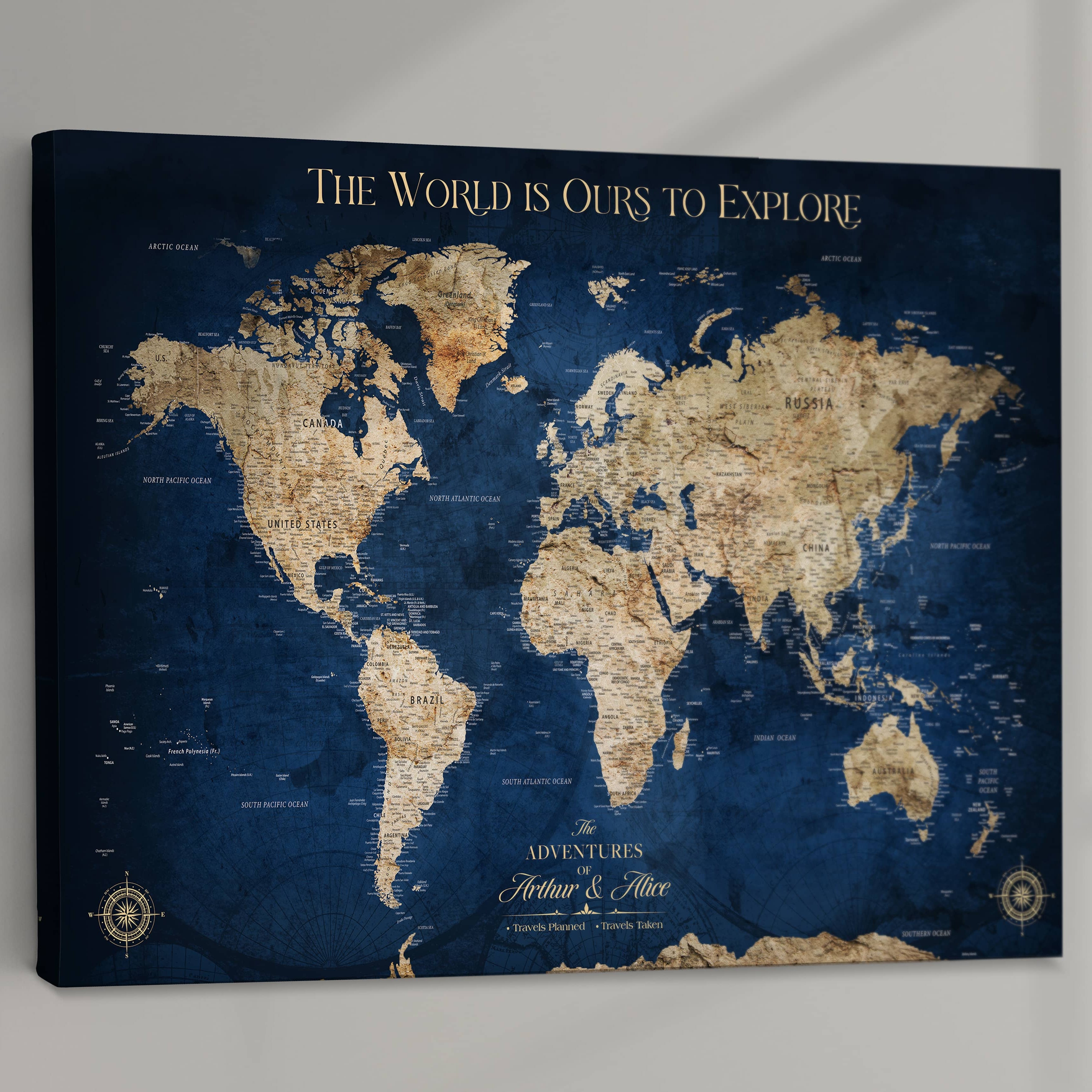 Rehber01-MGV-CV-36X24-Custom Push Pin World Map Personalized Travel Tracker Canvas Gift Framed Anniversary Decor for Home, Office