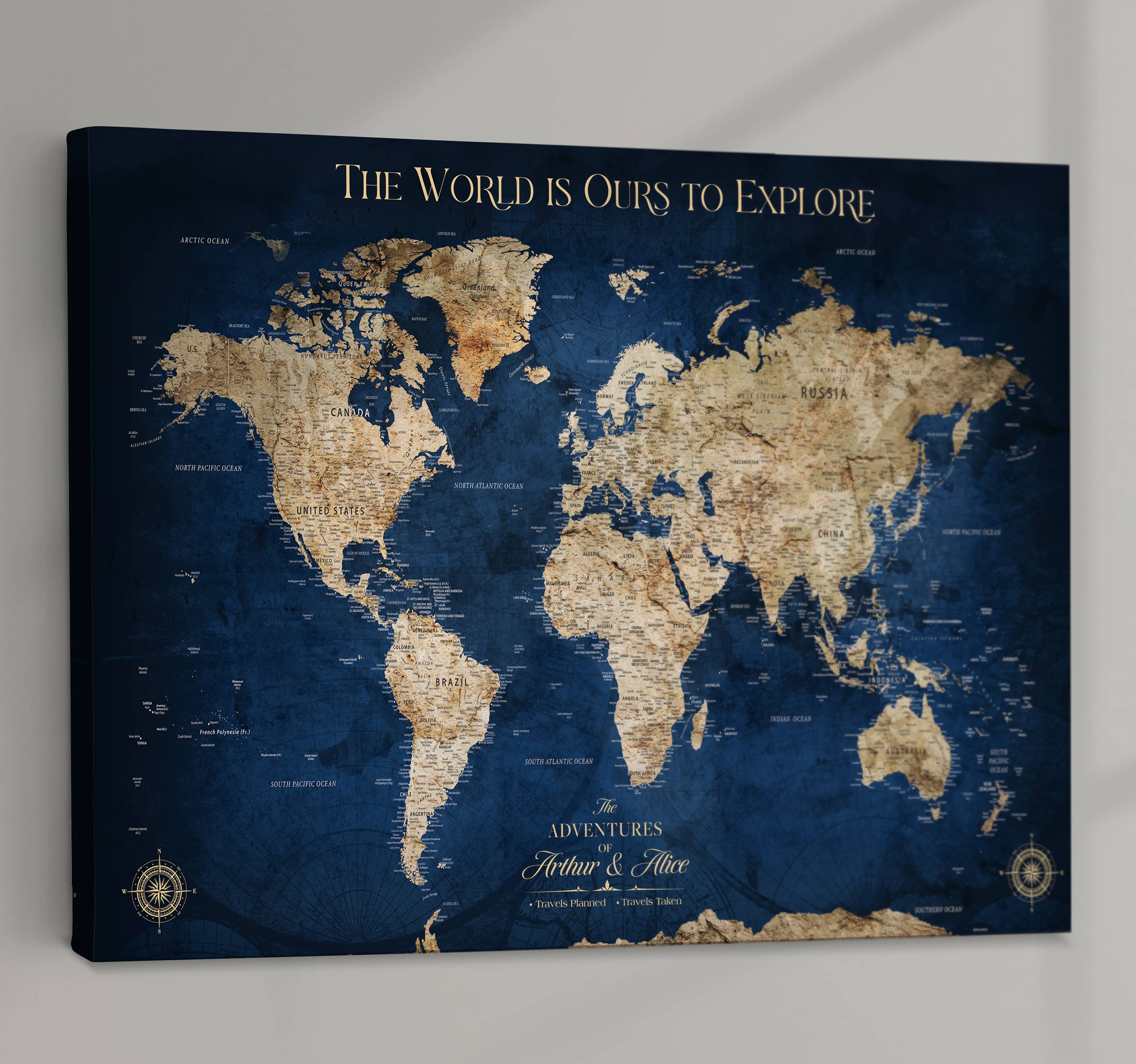 Rehber01-MGV-CV-36X24-Custom Push Pin World Map Personalized Travel Tracker Canvas Gift Framed Anniversary Decor for Home, Office