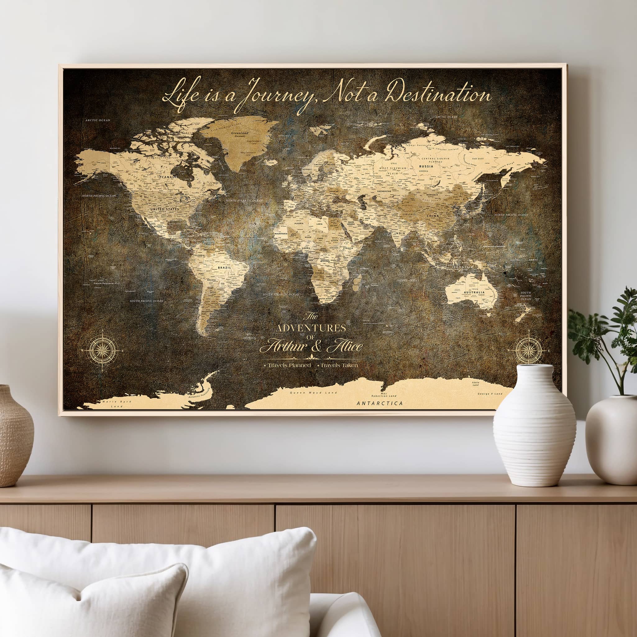 -Personalized Push Pin World Map Canvas – Custom Framed Travel Tracker Wall Art, Large Adventure Map with Pins for Home, Office