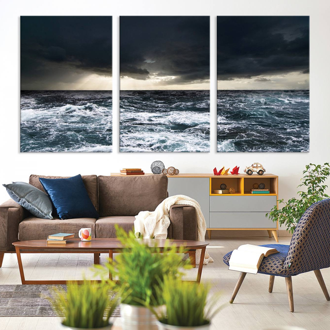 -Dark Clouds Stormy Sea Large Wall Art Canvas Print, Framed Stormy Sea Canvas
