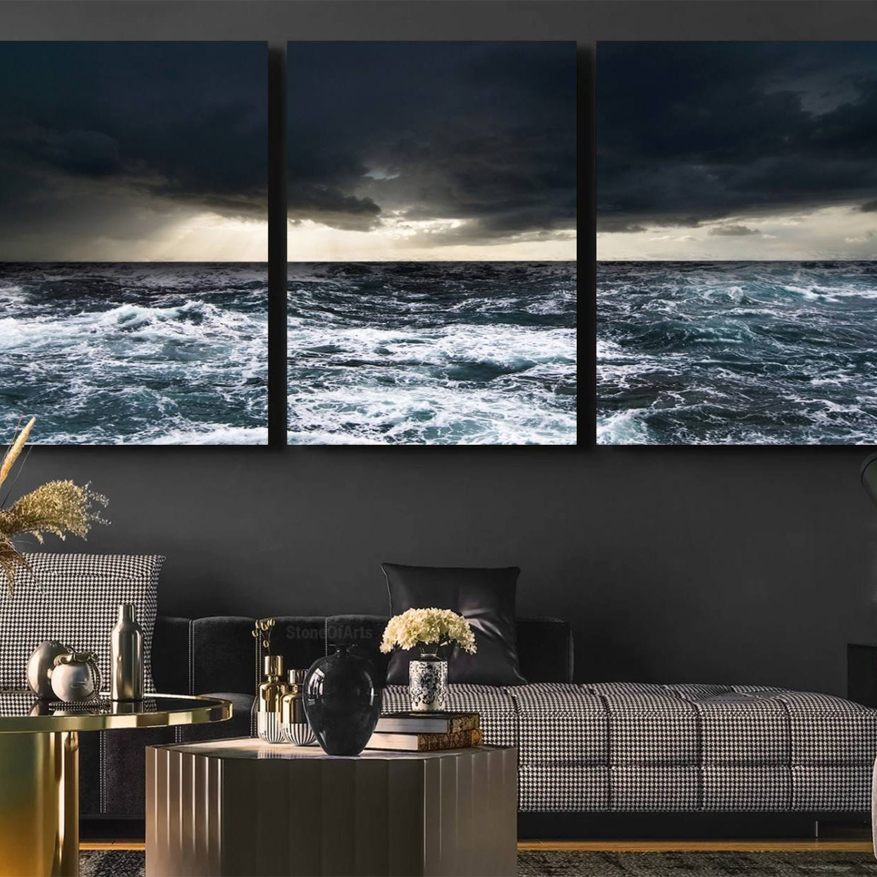 -Dark Clouds Stormy Sea Large Wall Art Canvas Print, Framed Stormy Sea Canvas