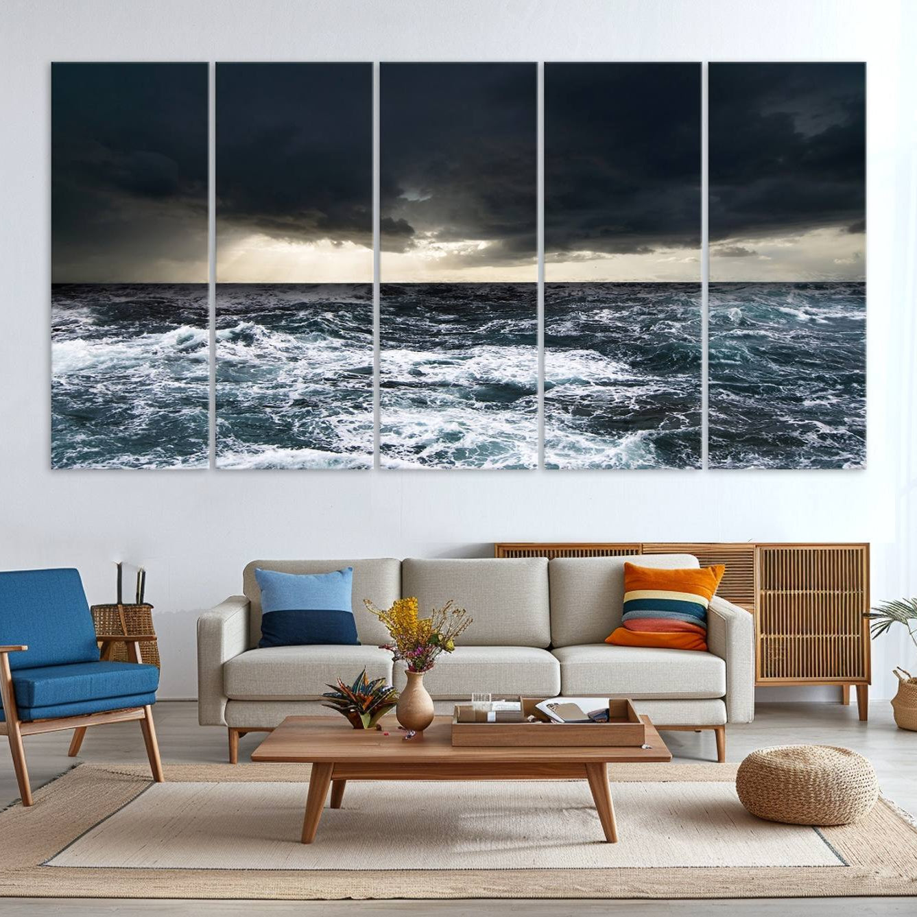 -Dark Clouds Stormy Sea Large Wall Art Canvas Print, Framed Stormy Sea Canvas