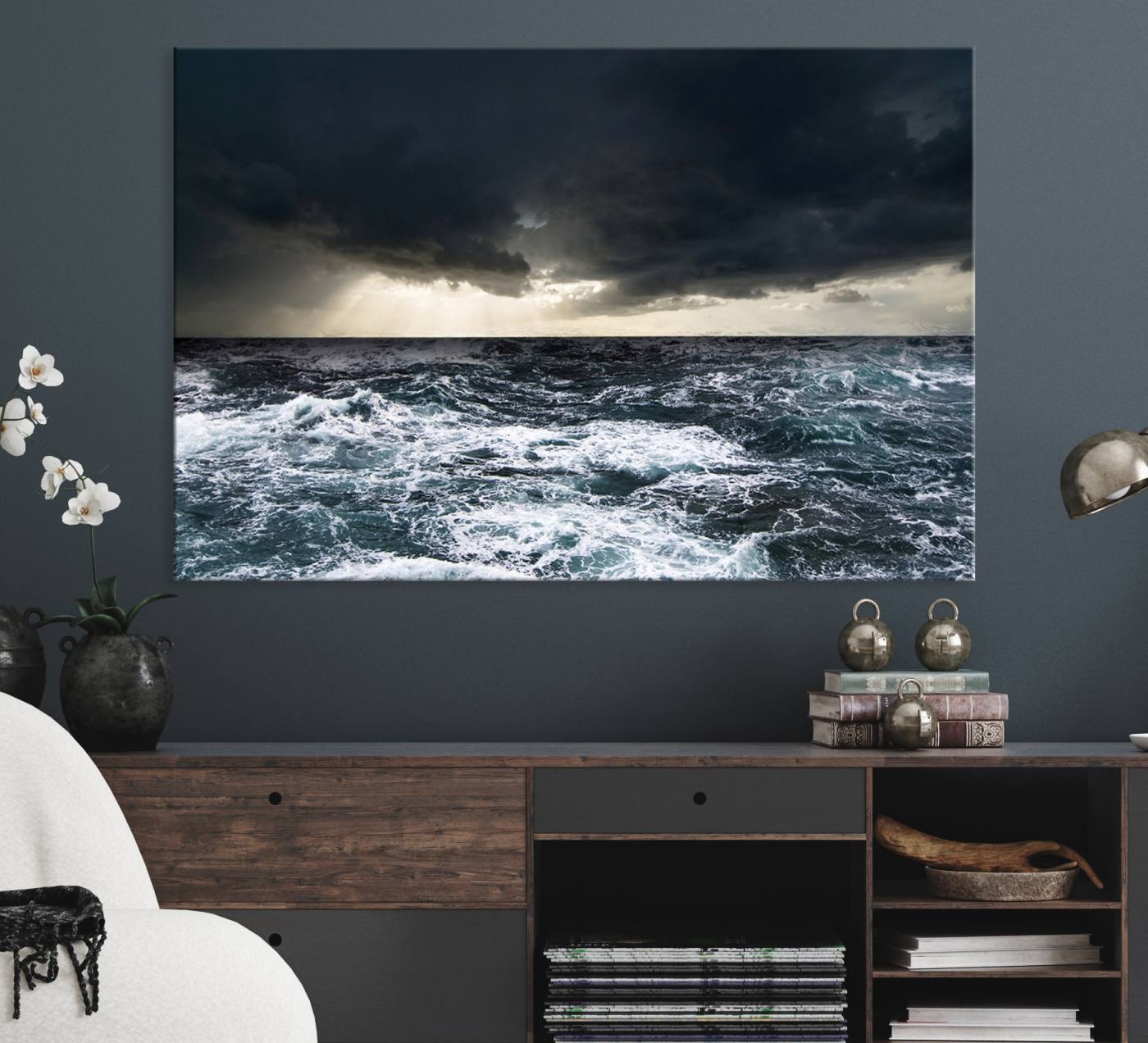 -Dark Clouds Stormy Sea Large Wall Art Canvas Print, Framed Stormy Sea Canvas