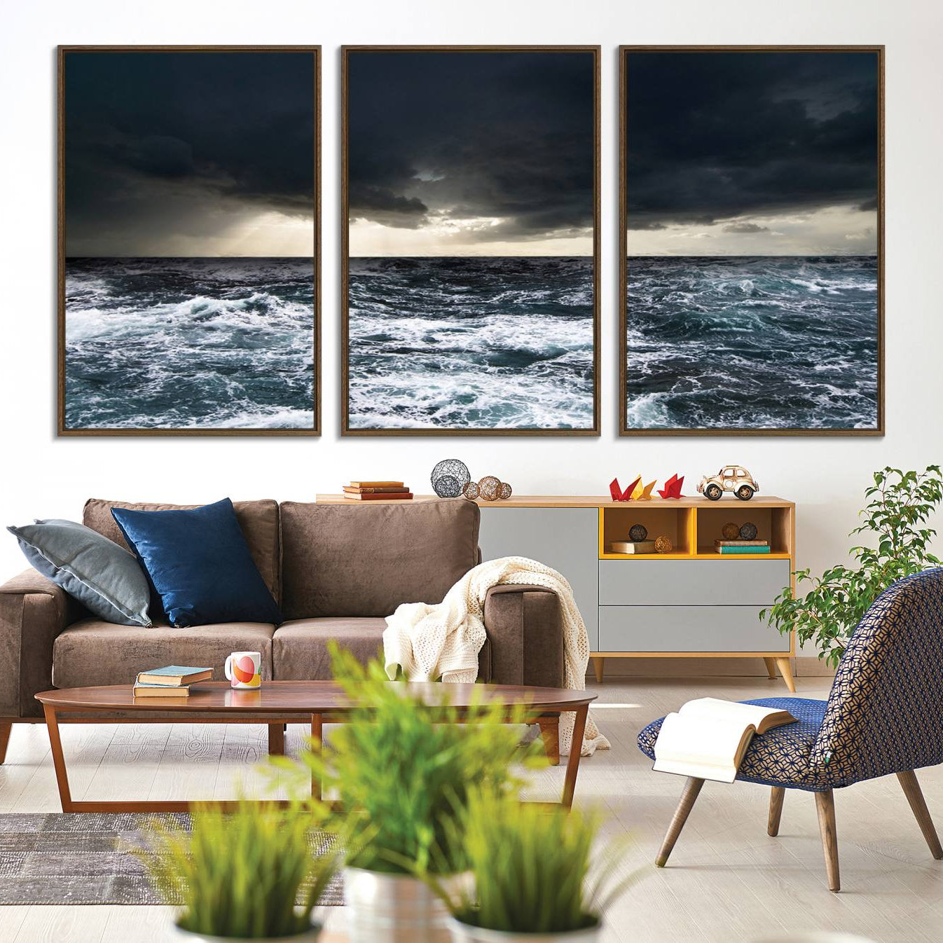 -Dark Clouds Stormy Sea Large Wall Art Canvas Print, Framed Stormy Sea Canvas