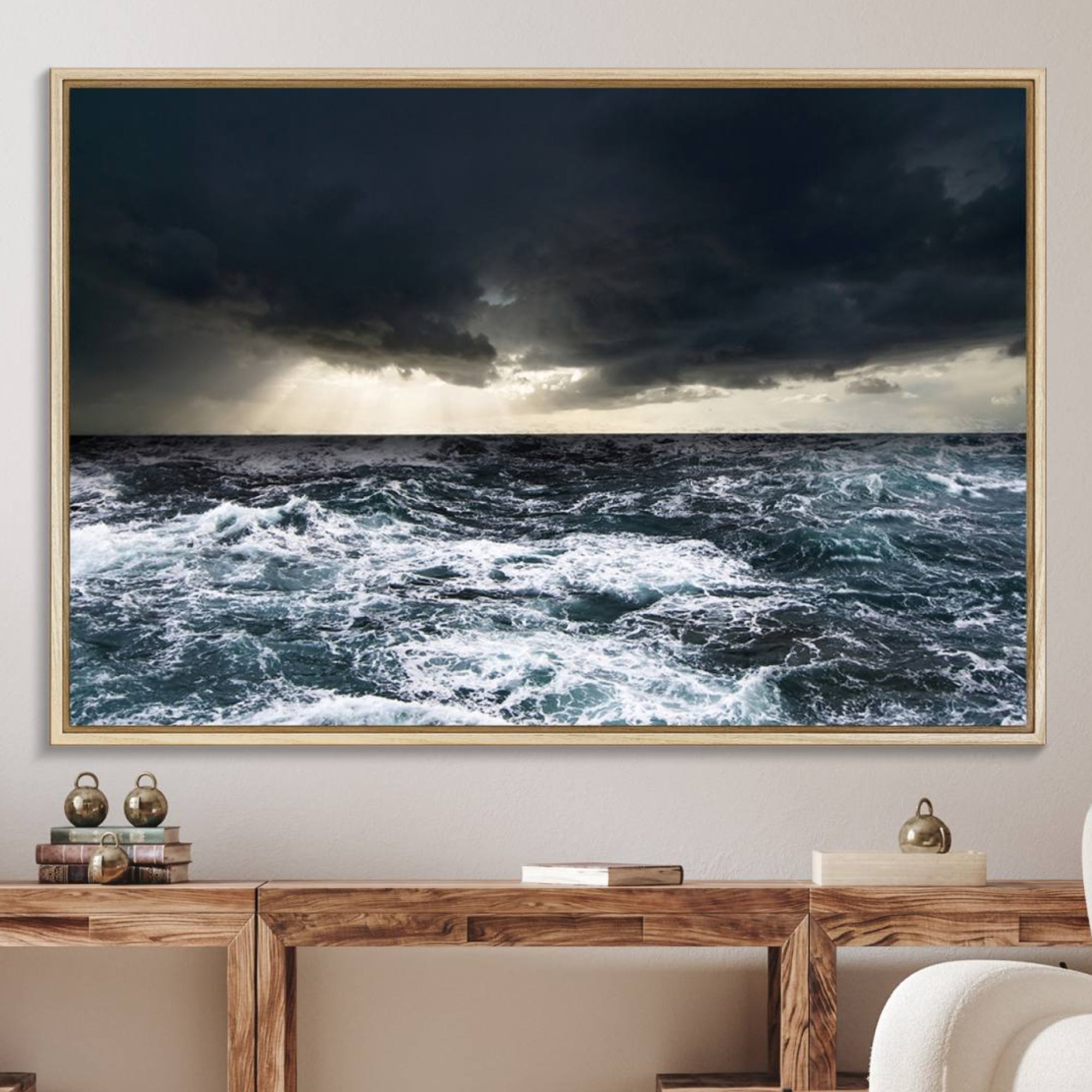 42607-MGV-FC-36X24_Natural-Dark Clouds Stormy Sea Large Wall Art Canvas Print, Framed Stormy Sea Canvas