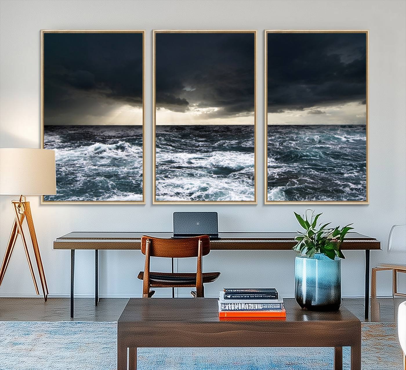 42607-MGV-FC-48X32-3P_Natural-Dark Clouds Stormy Sea Large Wall Art Canvas Print, Framed Stormy Sea Canvas