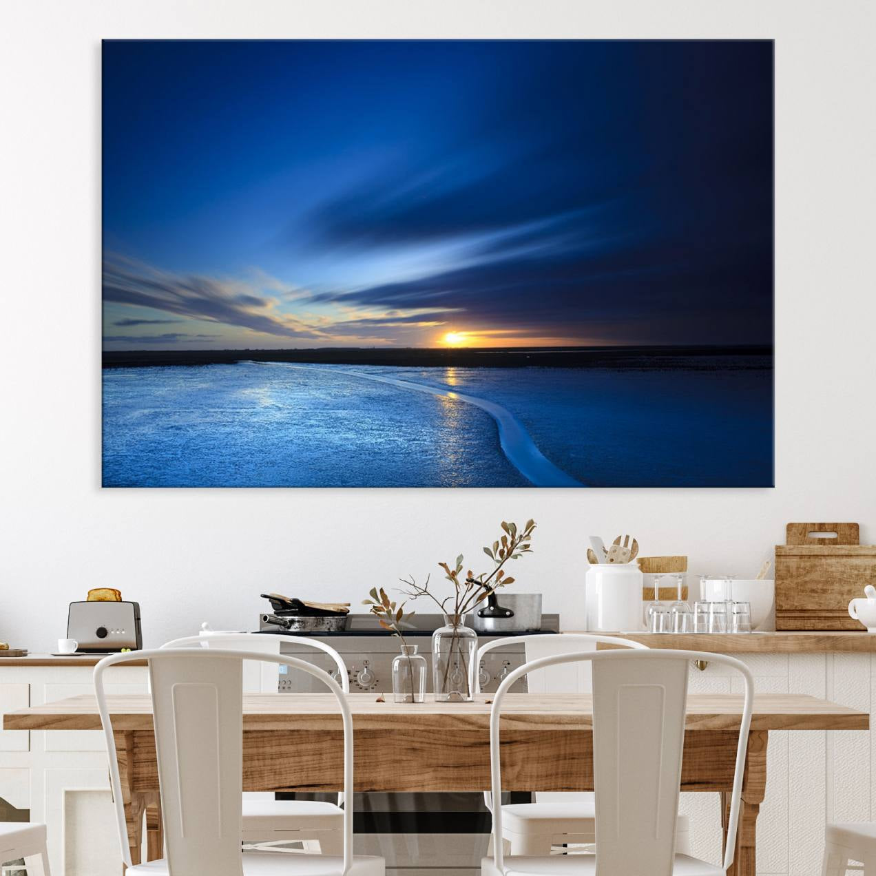 -Deep Blue Ocean Sunset Canvas Art, Serene Coastal Sunset Print, Ocean Horizon and Sunset Wall Art