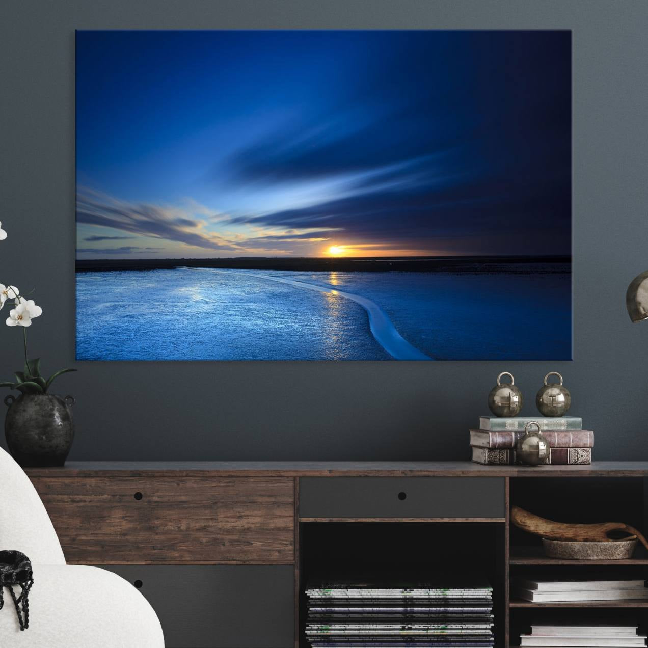 -Deep Blue Ocean Sunset Canvas Art, Serene Coastal Sunset Print, Ocean Horizon and Sunset Wall Art