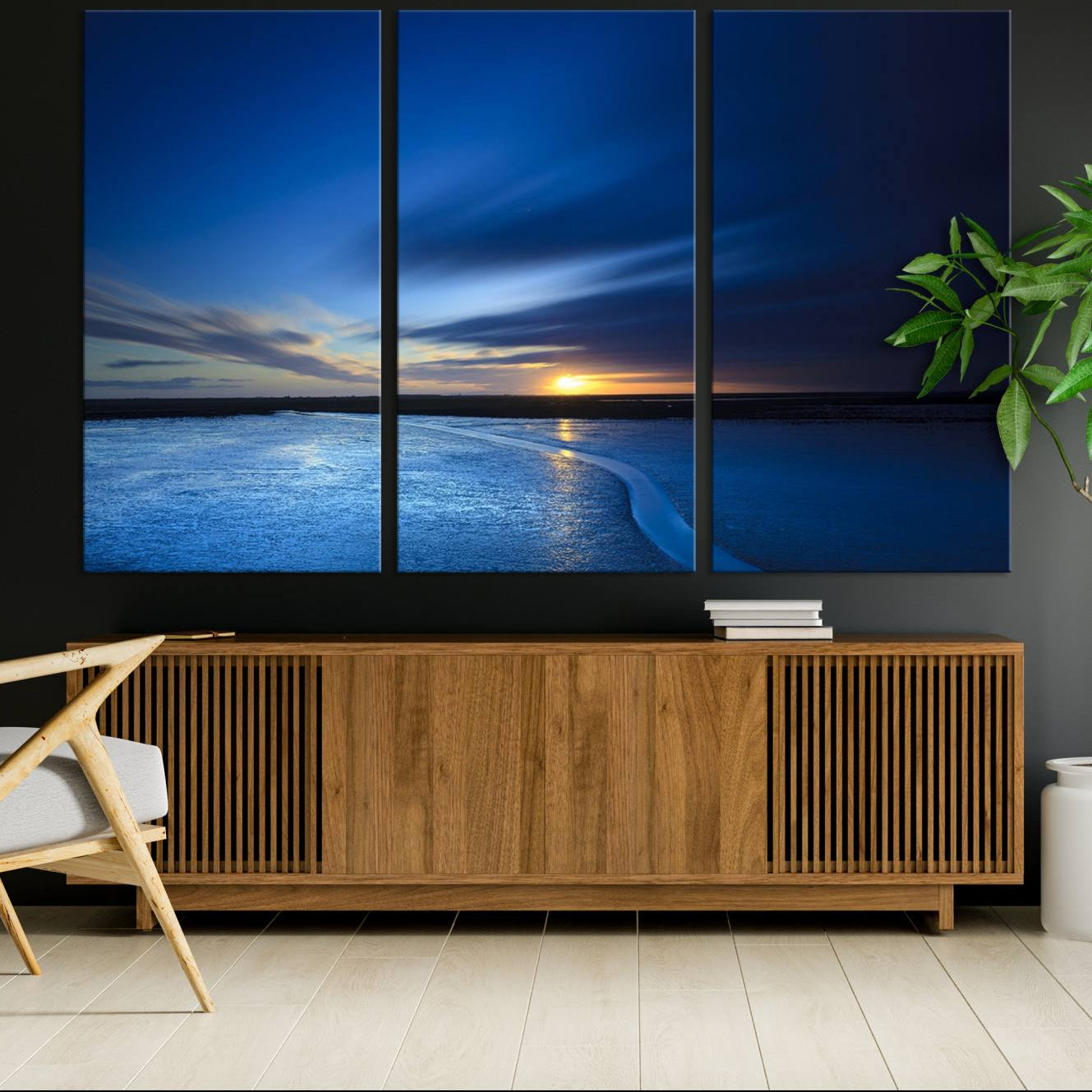 -Deep Blue Ocean Sunset Canvas Art, Serene Coastal Sunset Print, Ocean Horizon and Sunset Wall Art
