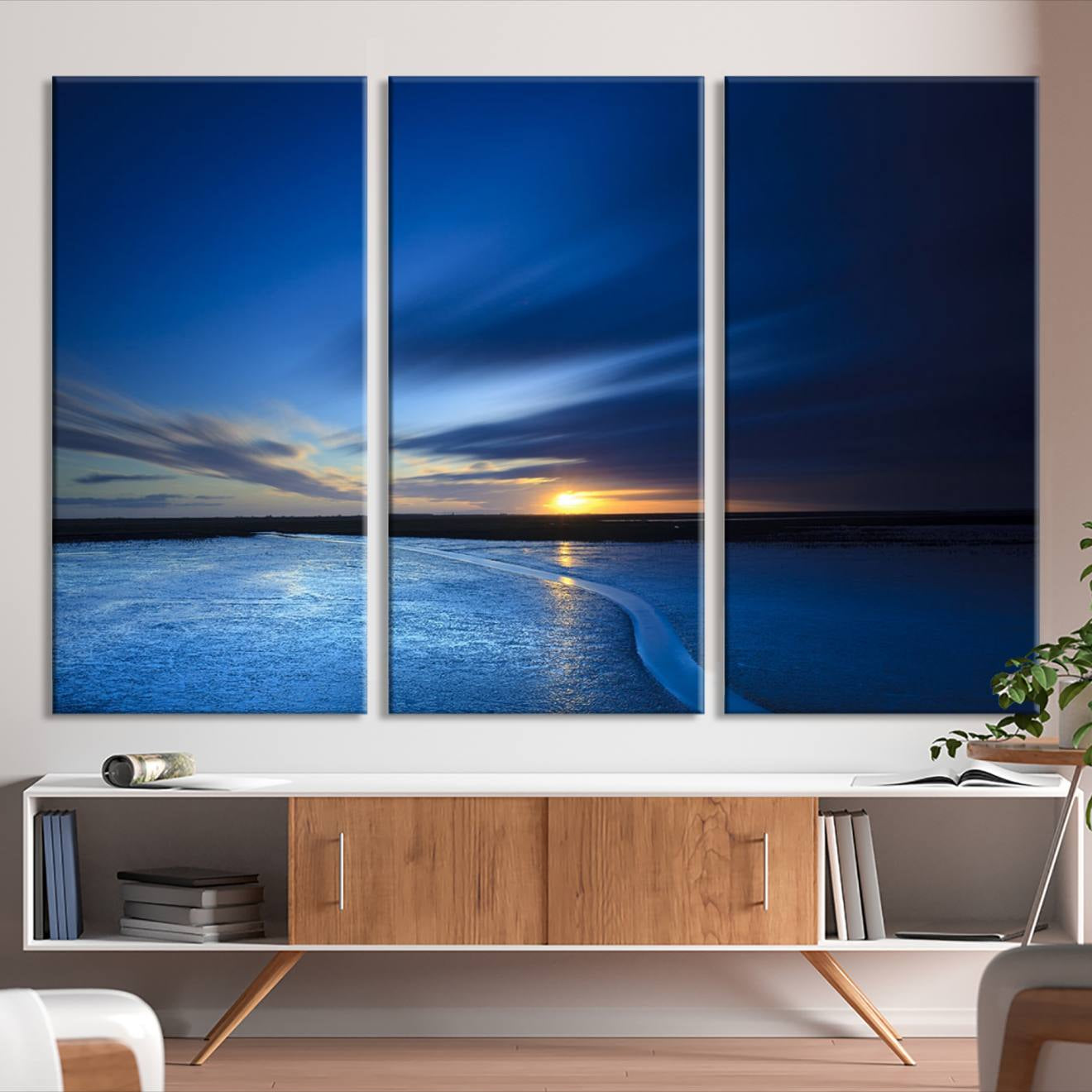 -Deep Blue Ocean Sunset Canvas Art, Serene Coastal Sunset Print, Ocean Horizon and Sunset Wall Art