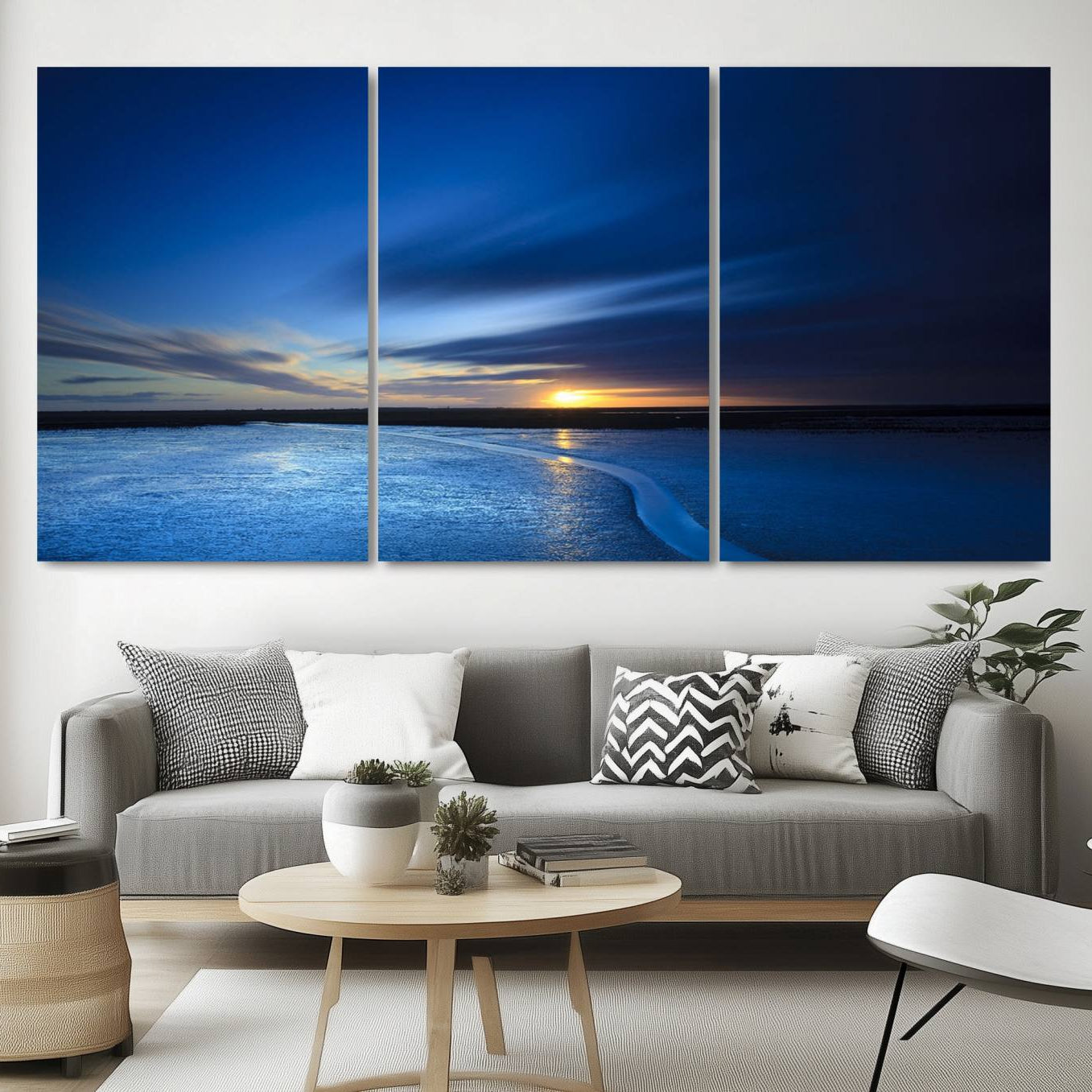 -Deep Blue Ocean Sunset Canvas Art, Serene Coastal Sunset Print, Ocean Horizon and Sunset Wall Art