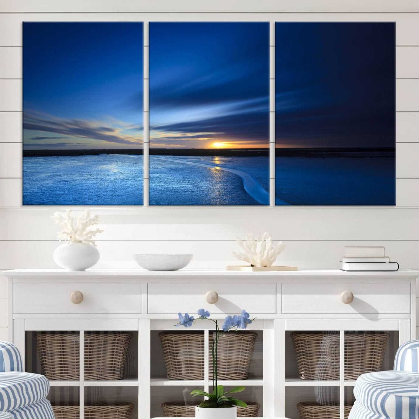 -Deep Blue Ocean Sunset Canvas Art, Serene Coastal Sunset Print, Ocean Horizon and Sunset Wall Art