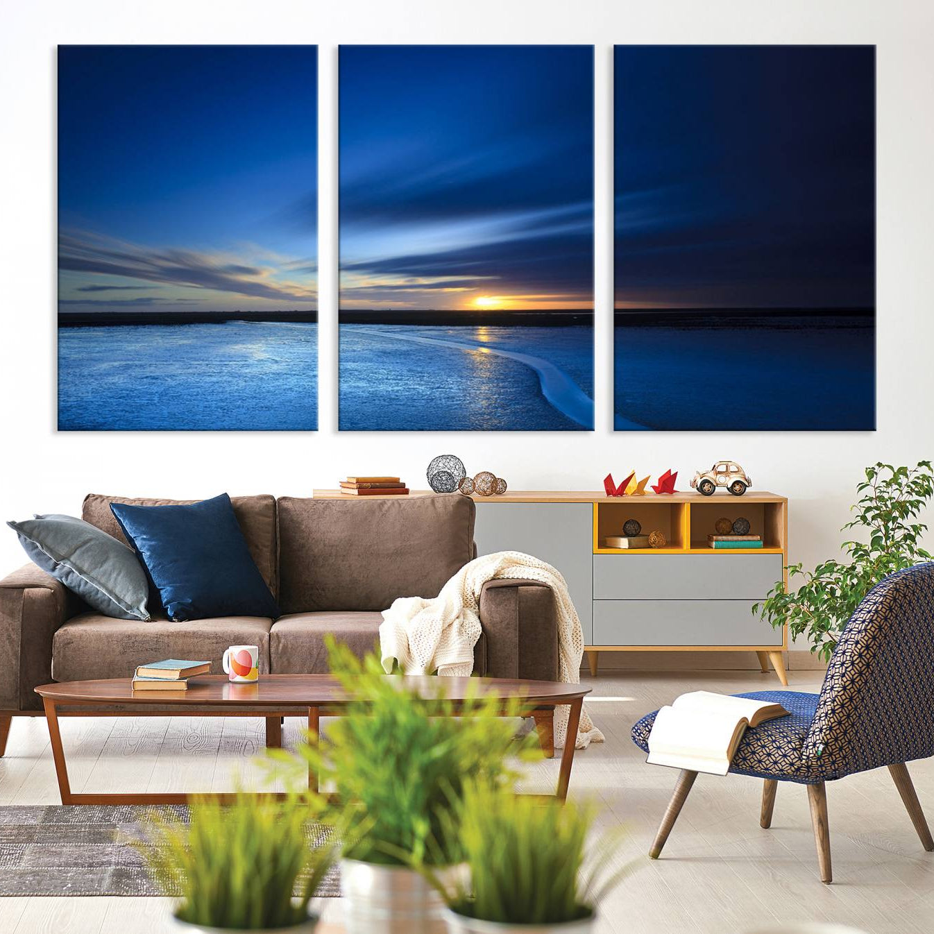 -Deep Blue Ocean Sunset Canvas Art, Serene Coastal Sunset Print, Ocean Horizon and Sunset Wall Art