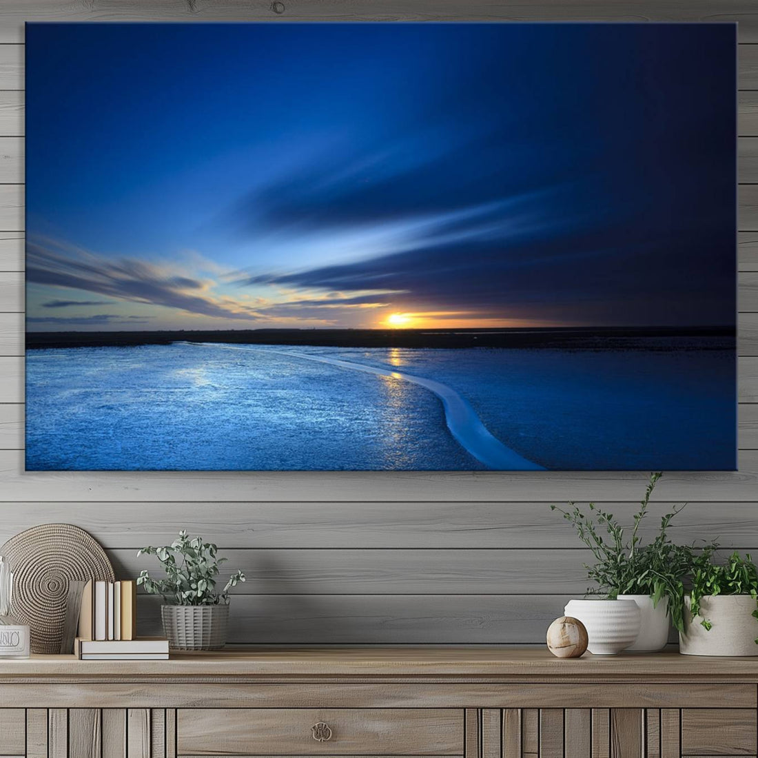 Deep Blue Ocean Sunset Canvas Art, Serene Coastal Sunset Print, Ocean Horizon Wall Art