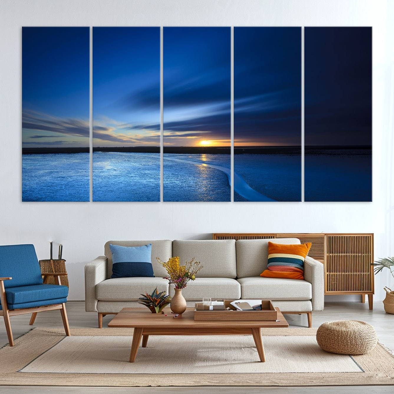-Deep Blue Ocean Sunset Canvas Art, Serene Coastal Sunset Print, Ocean Horizon and Sunset Wall Art