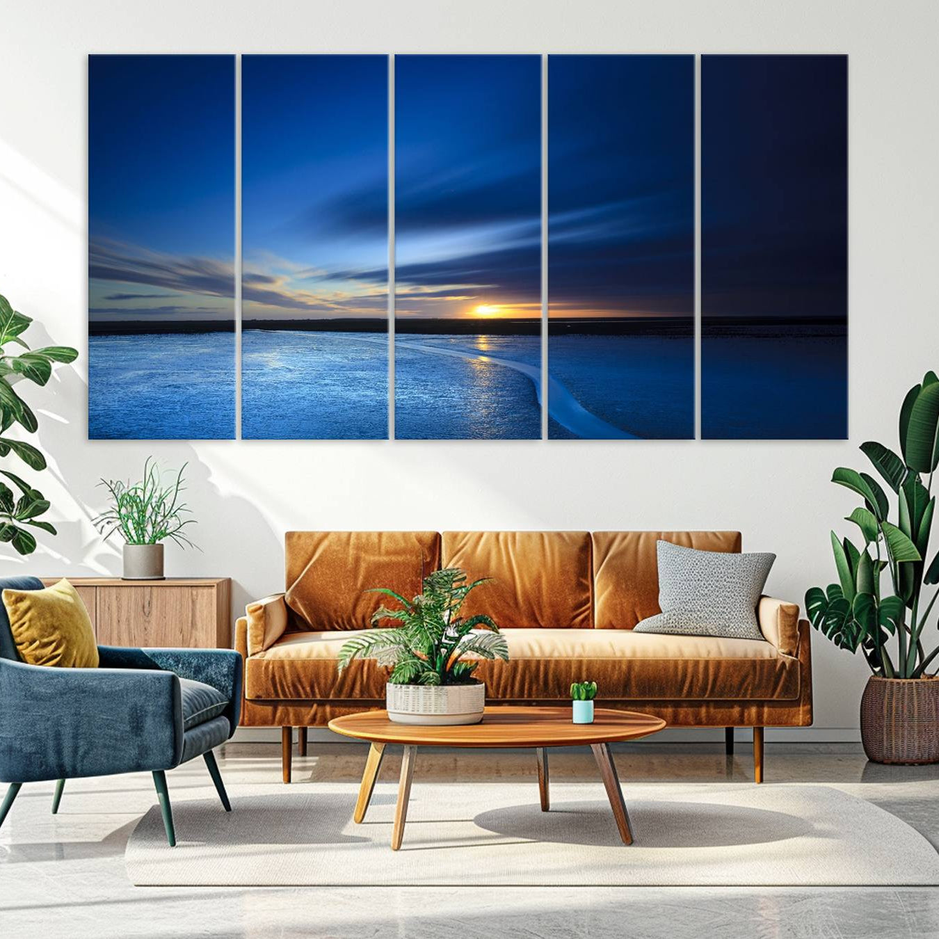 -Deep Blue Ocean Sunset Canvas Art, Serene Coastal Sunset Print, Ocean Horizon and Sunset Wall Art