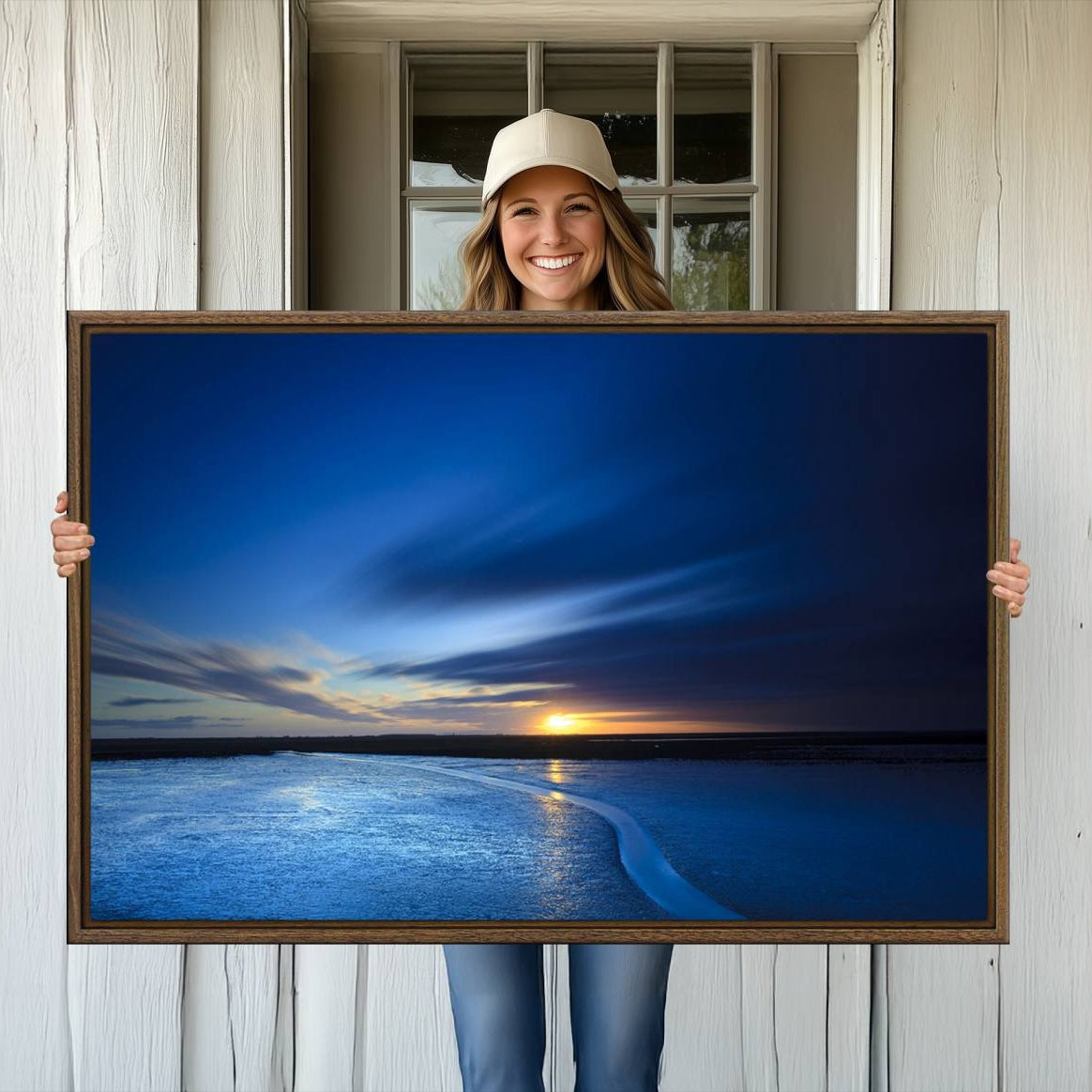 -Deep Blue Ocean Sunset Canvas Art, Serene Coastal Sunset Print, Ocean Horizon and Sunset Wall Art
