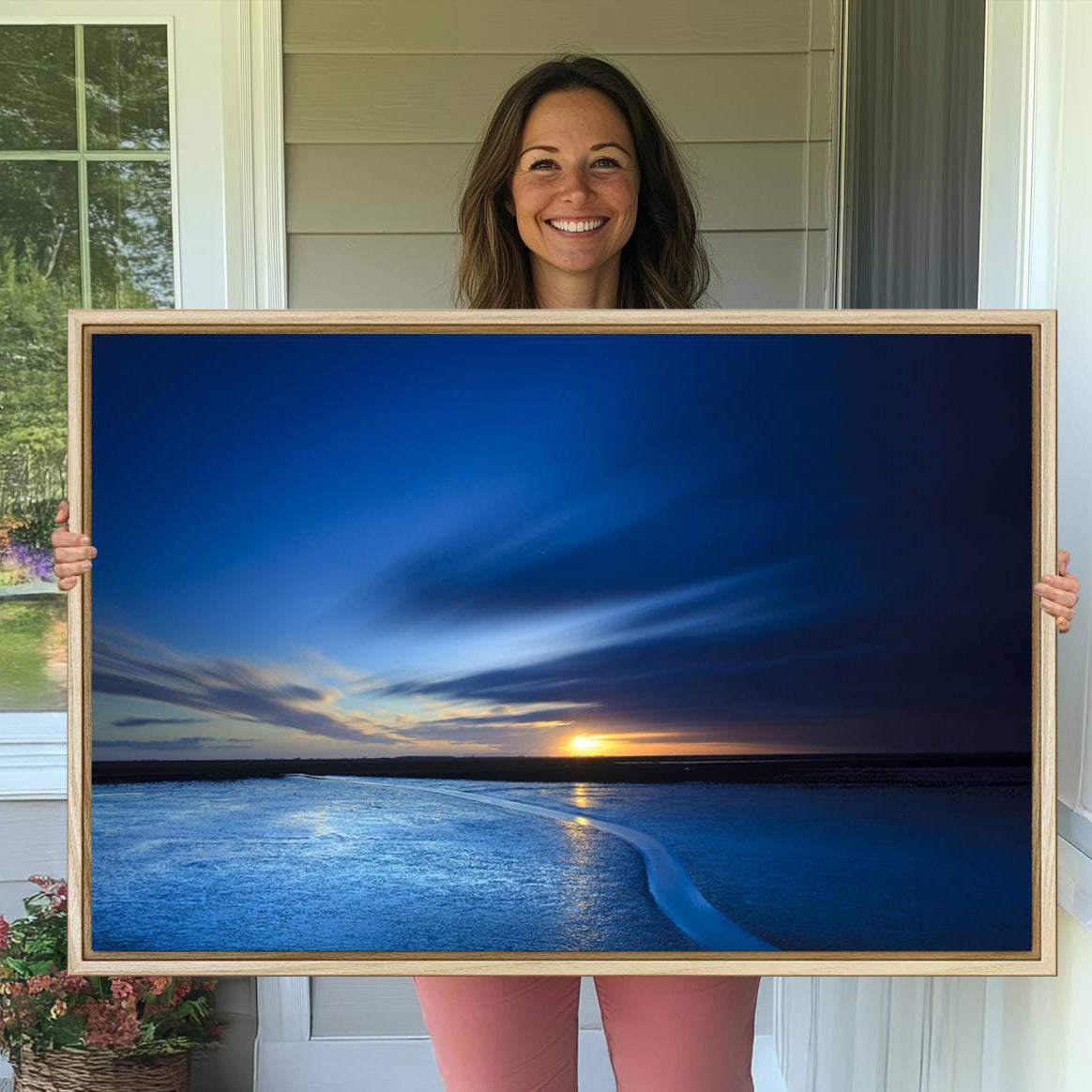 -Deep Blue Ocean Sunset Canvas Art, Serene Coastal Sunset Print, Ocean Horizon and Sunset Wall Art