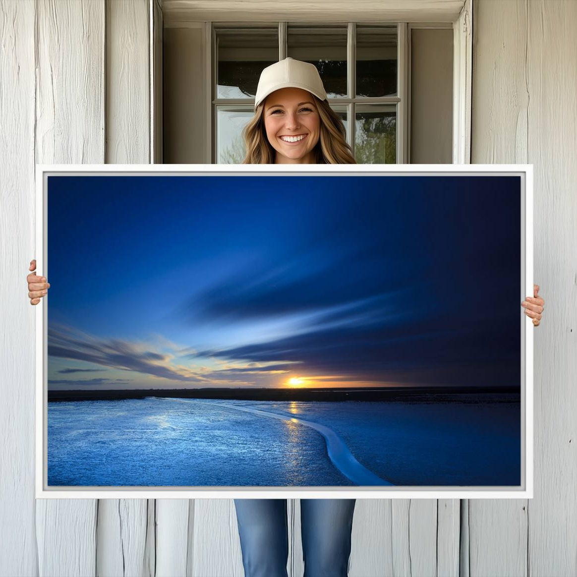 -Deep Blue Ocean Sunset Canvas Art, Serene Coastal Sunset Print, Ocean Horizon and Sunset Wall Art