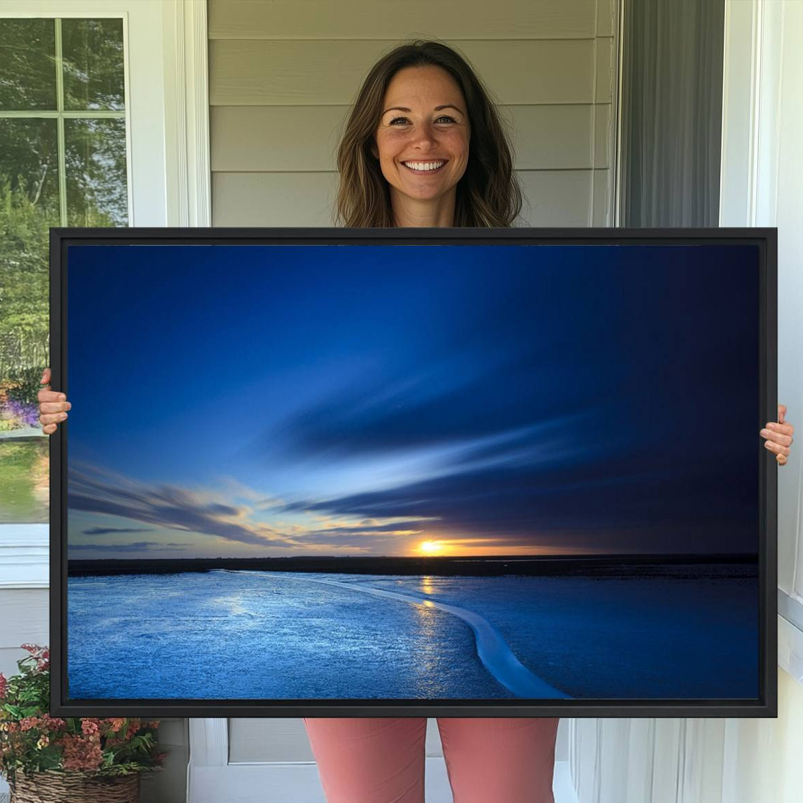 -Deep Blue Ocean Sunset Canvas Art, Serene Coastal Sunset Print, Ocean Horizon and Sunset Wall Art