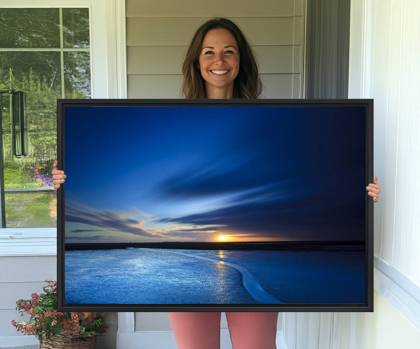 -Deep Blue Ocean Sunset Canvas Art, Serene Coastal Sunset Print, Ocean Horizon and Sunset Wall Art