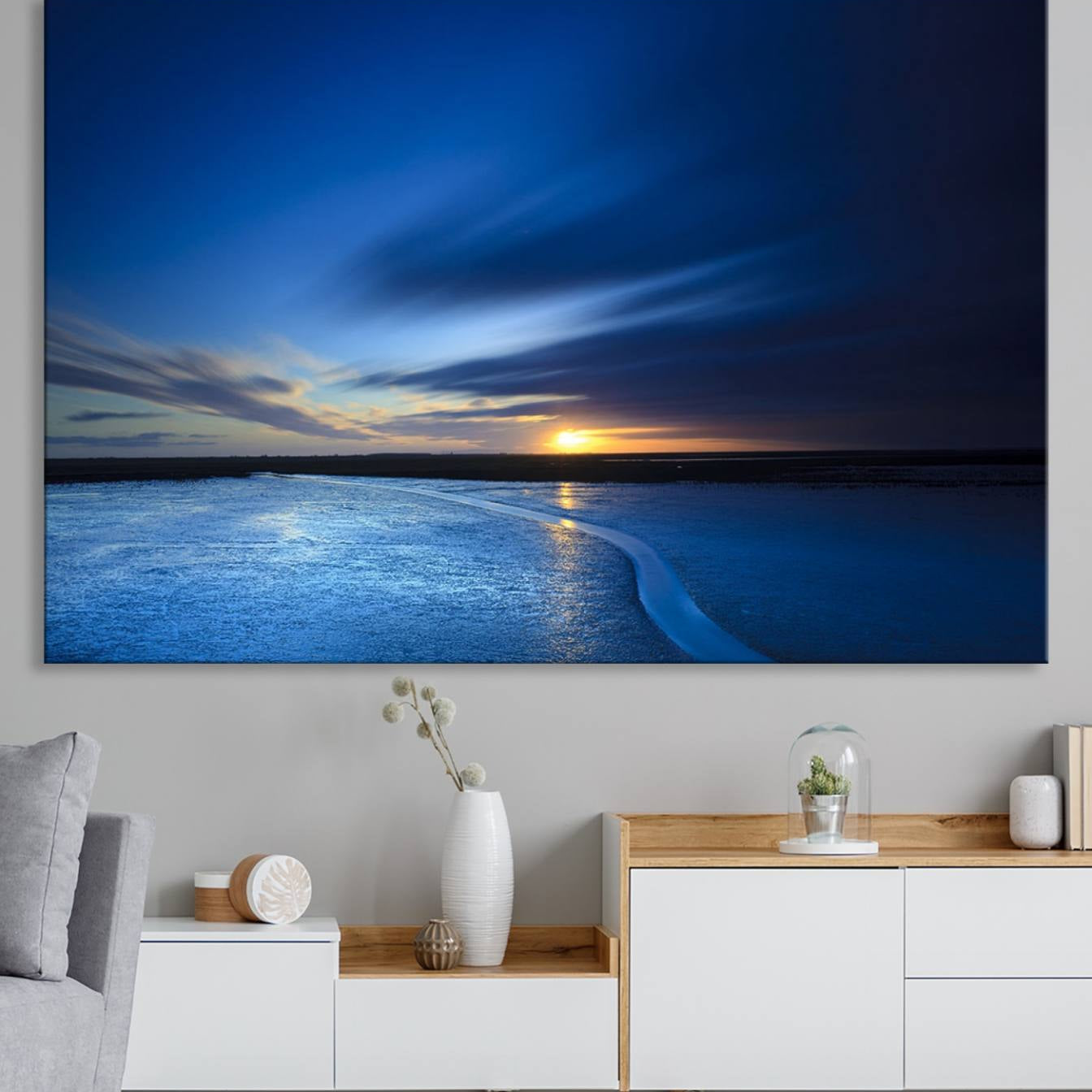 -Deep Blue Ocean Sunset Canvas Art, Serene Coastal Sunset Print, Ocean Horizon and Sunset Wall Art