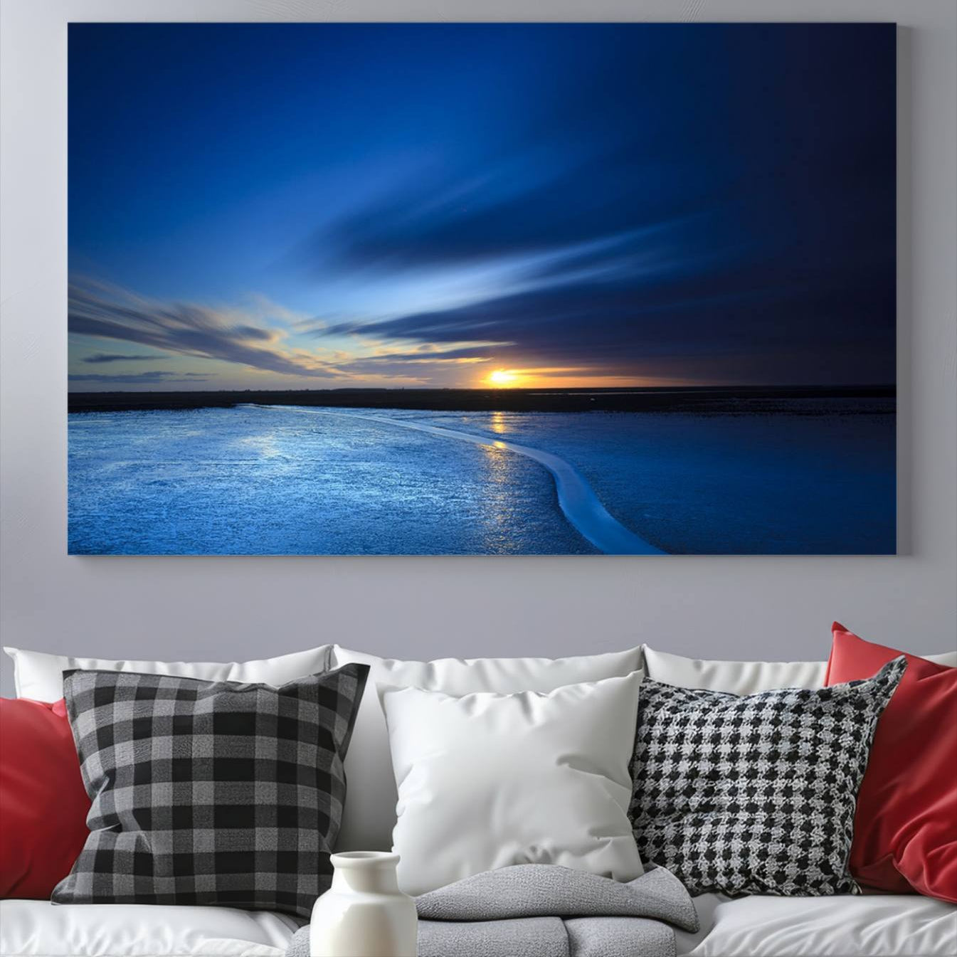 -Deep Blue Ocean Sunset Canvas Art, Serene Coastal Sunset Print, Ocean Horizon and Sunset Wall Art