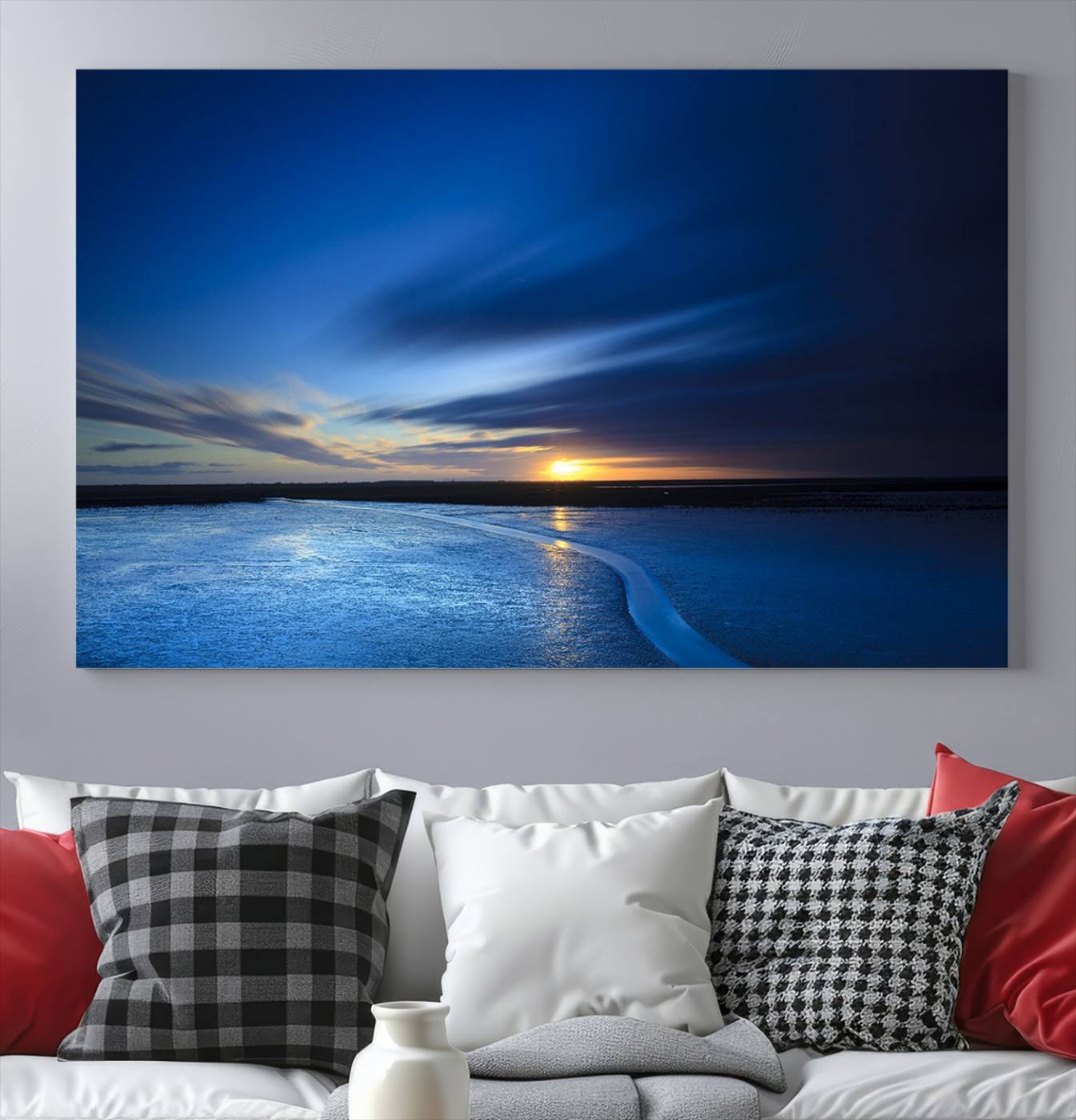 -Deep Blue Ocean Sunset Canvas Art, Serene Coastal Sunset Print, Ocean Horizon and Sunset Wall Art