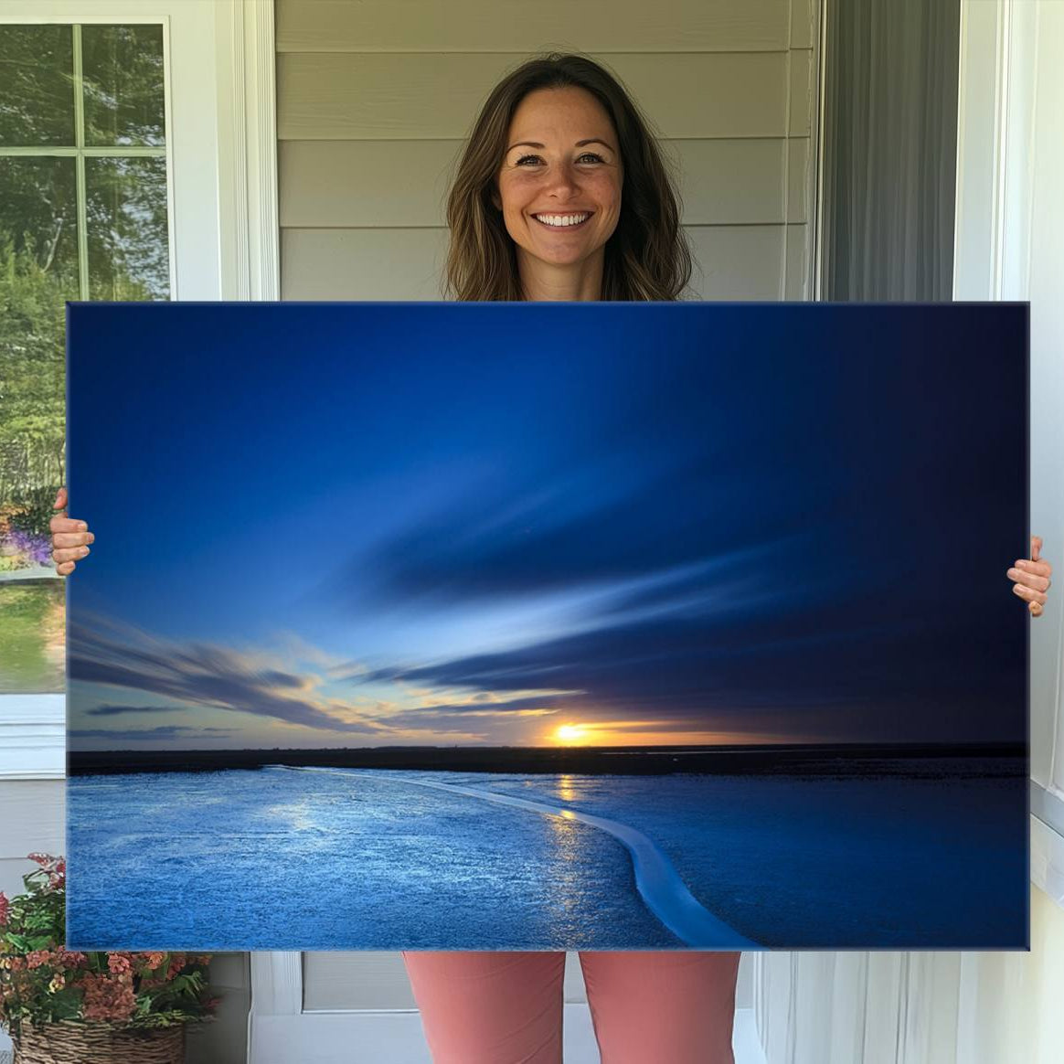 -Deep Blue Ocean Sunset Canvas Art, Serene Coastal Sunset Print, Ocean Horizon and Sunset Wall Art