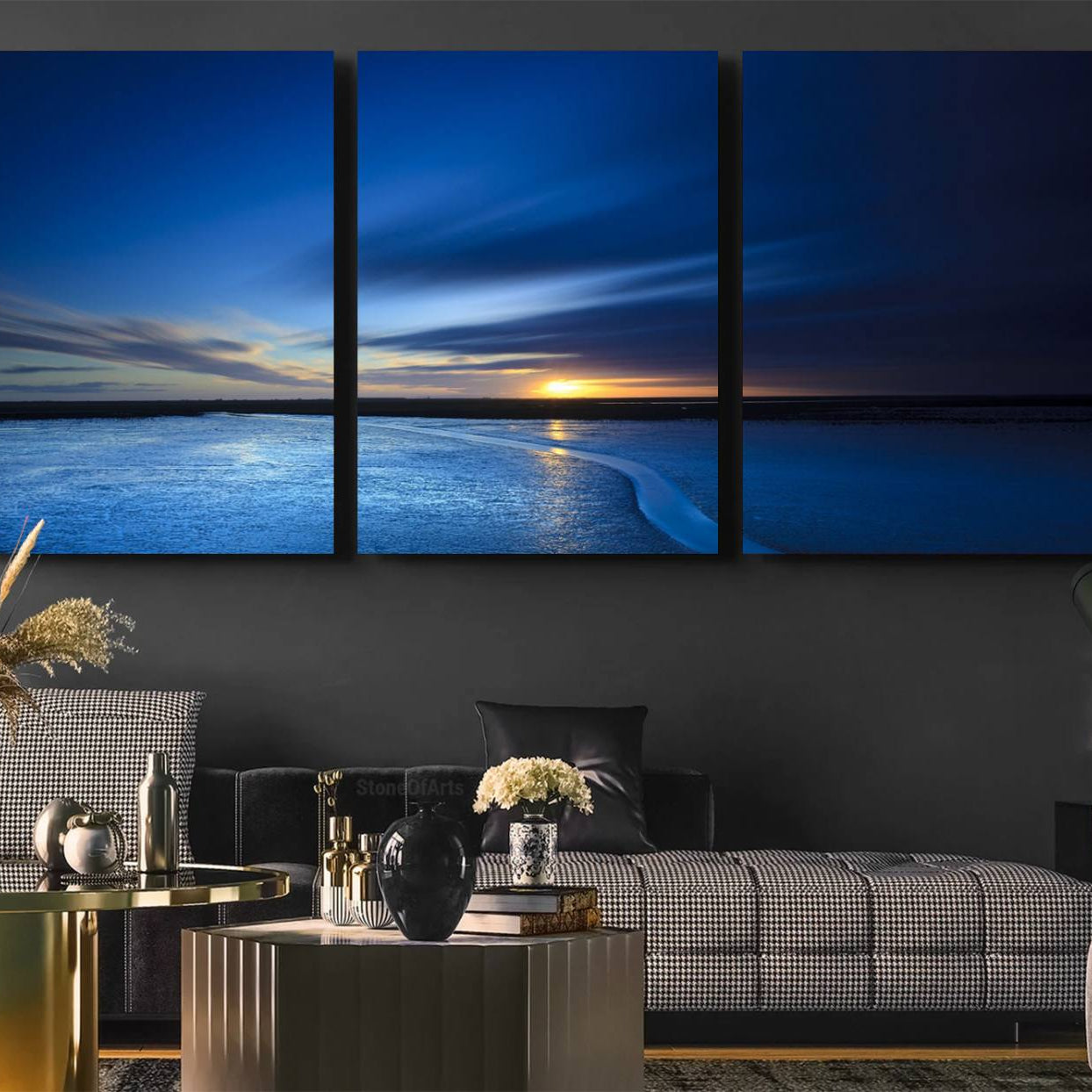 65405-MGV-CV-60X30-3P-Deep Blue Ocean Sunset Canvas Art, Serene Coastal Sunset Print, Ocean Horizon and Sunset Wall Art